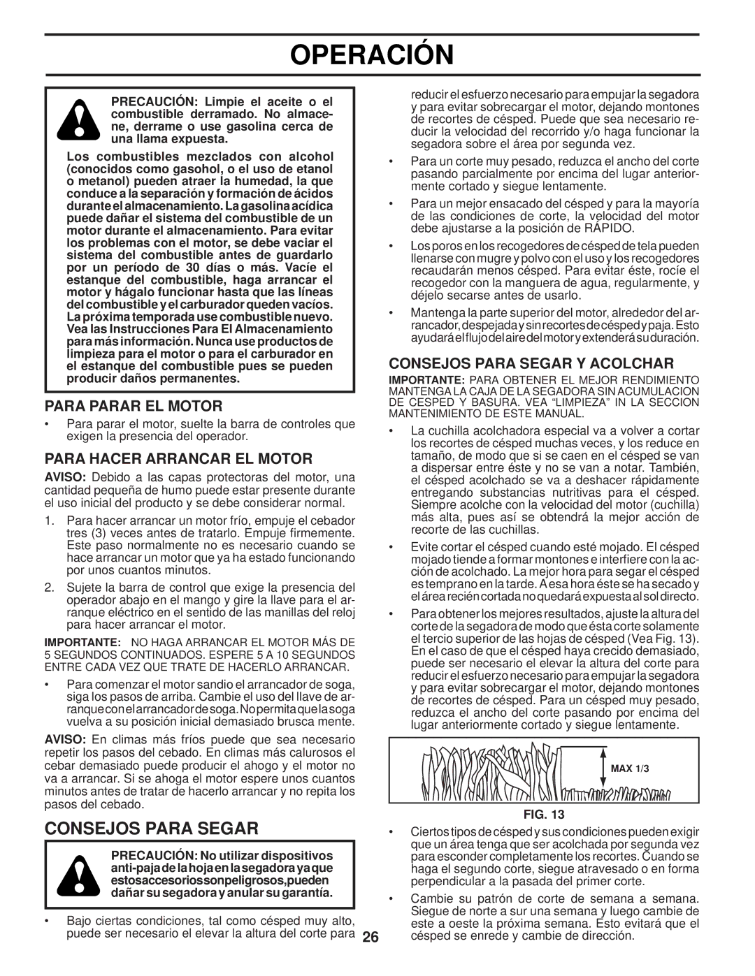 Husqvarna 87521HVE owner manual Para Parar EL Motor, Para Hacer Arrancar EL Motor, Consejos Para Segar Y Acolchar 