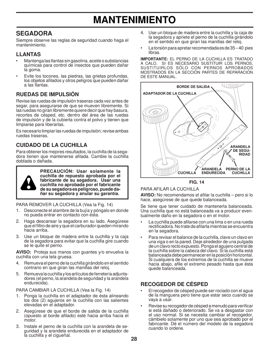 Husqvarna 87521HVE owner manual Segadora, Llantas, Ruedas DE Impulsión, Cuidado DE LA Cuchilla, Recogedor DE Césped 