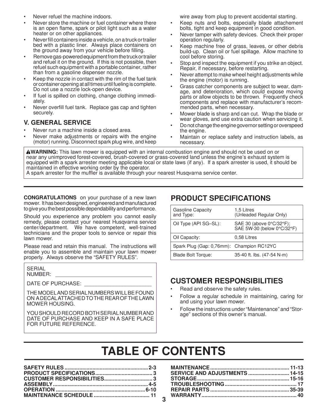 Husqvarna 87521HVE owner manual Table of Contents 