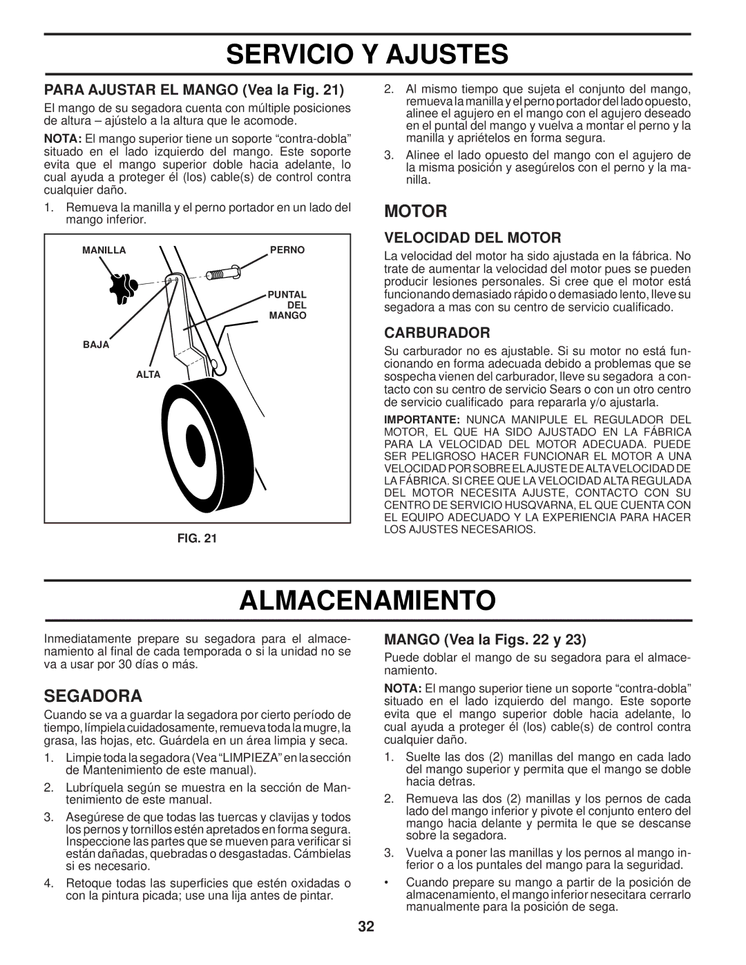 Husqvarna 87521HVE owner manual Para Ajustar EL Mango Vea la Fig, Carburador, Mango Vea la Figs y 