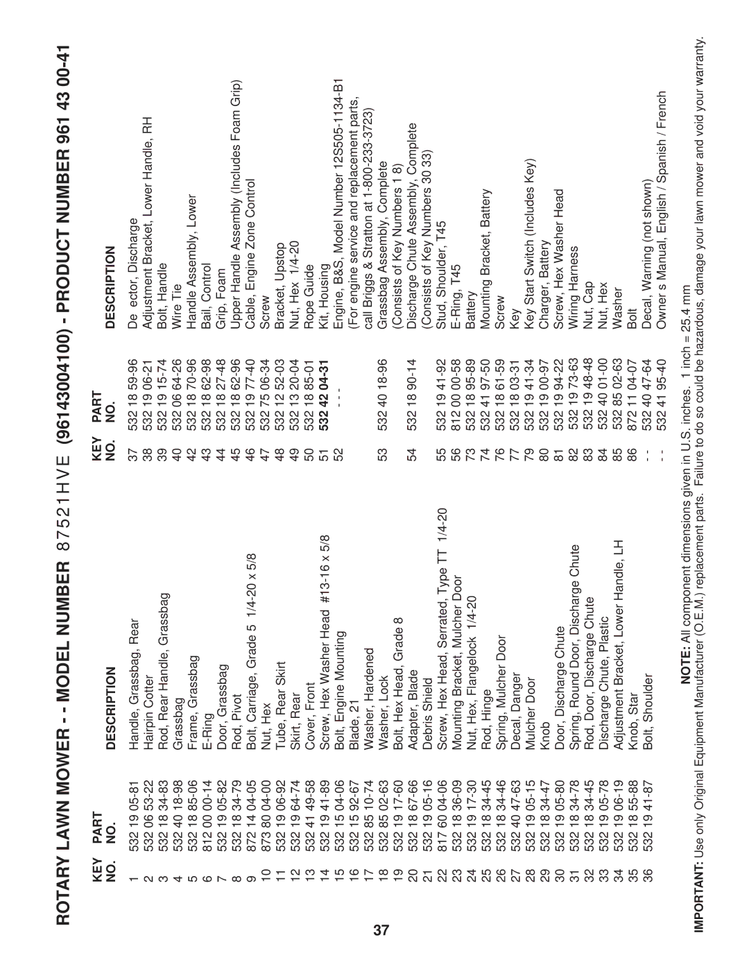 Husqvarna 87521HVE owner manual KEY Part Description, 532 42 