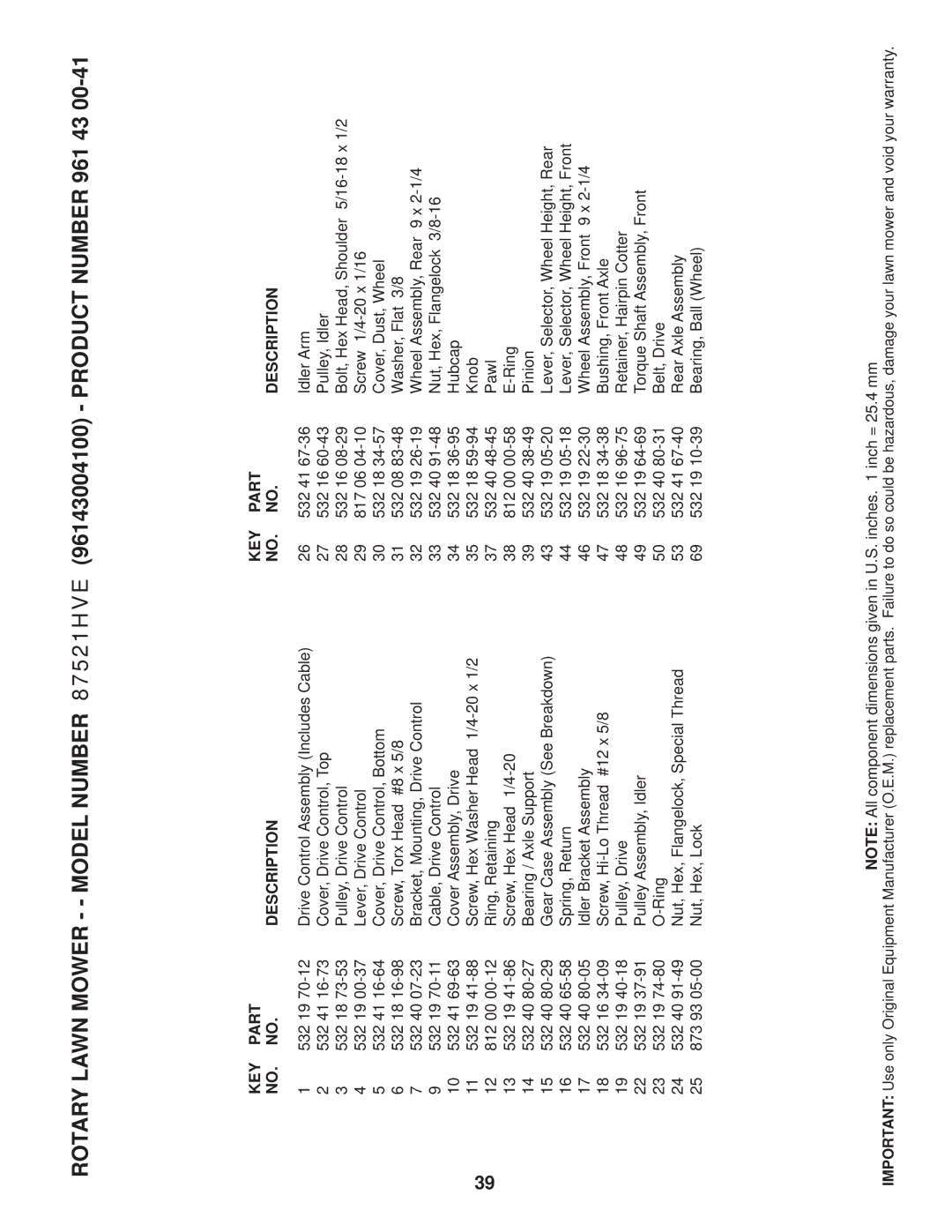 Husqvarna 87521HVE owner manual KEY Part Description 