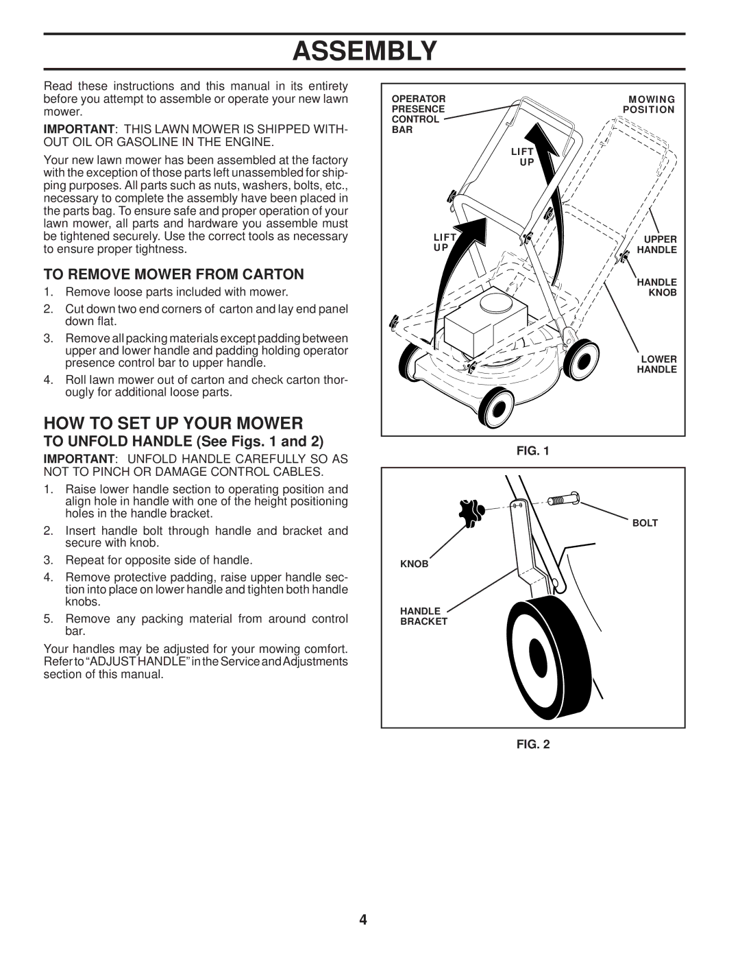 Husqvarna 87521HVE owner manual HOW to SET UP Your Mower, To Remove Mower from Carton, To Unfold Handle See Figs 