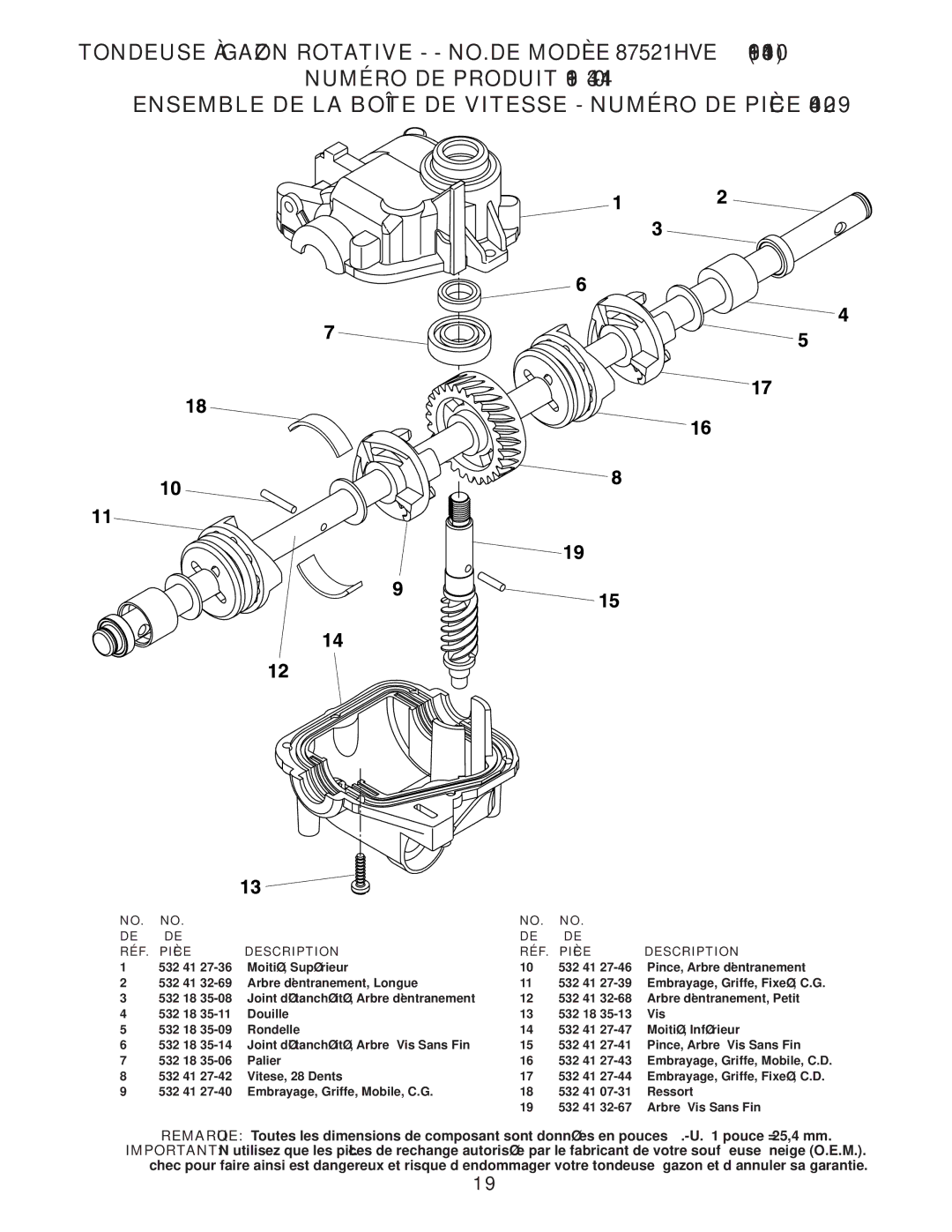 Husqvarna 87521HVE owner manual Description Pièce RÉF 