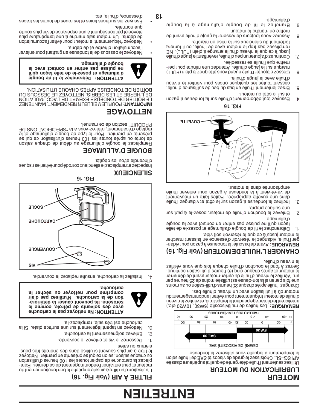 Husqvarna 87521HVE owner manual Nettoyage, ’ALLUMAGE Bougie, Fig Voir AIR À Filtre, Moteur DU Lubrification 