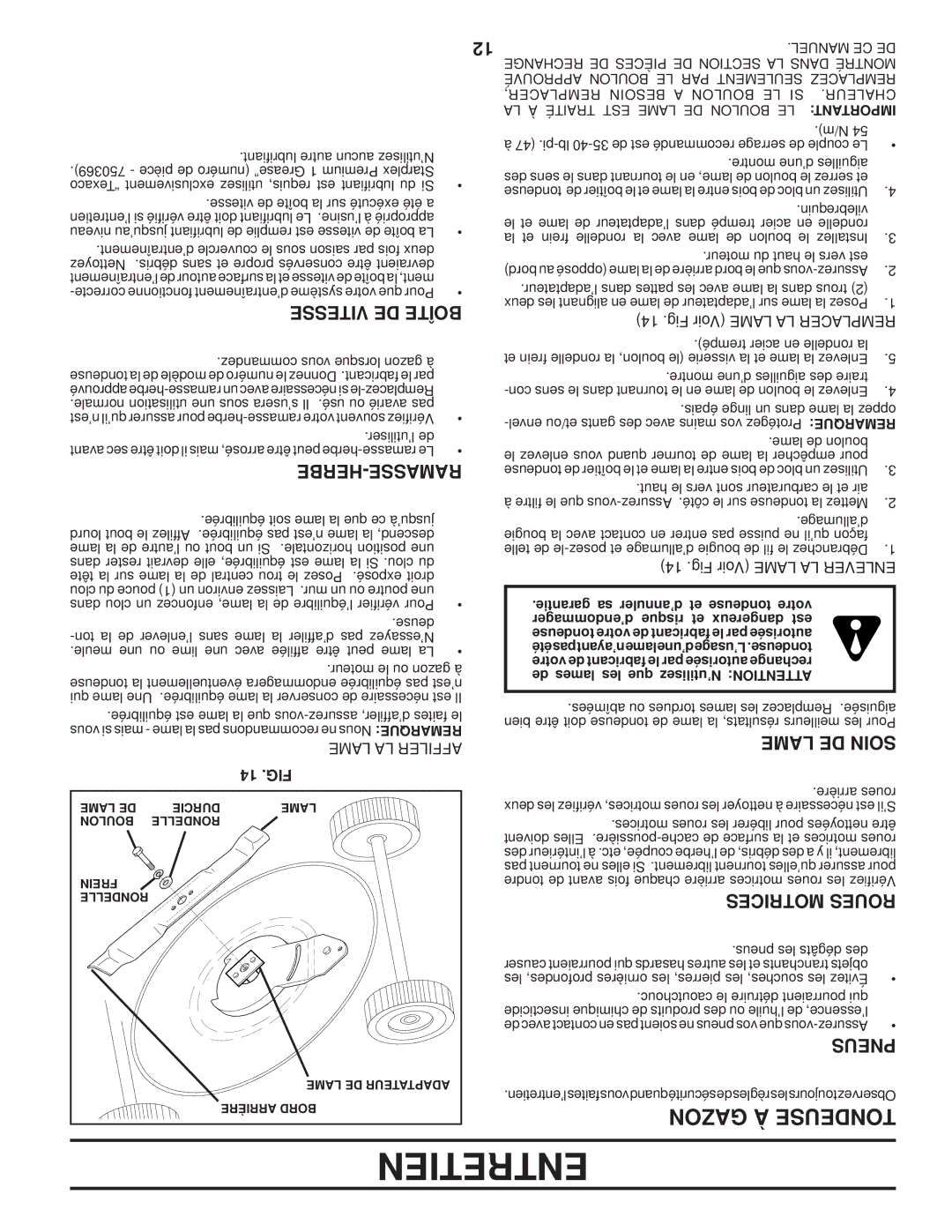 Husqvarna 87521HVE owner manual Lame DE Soin, Vitesse DE Boîte, Herbe-Ramasse, Motrices Roues, Pneus 