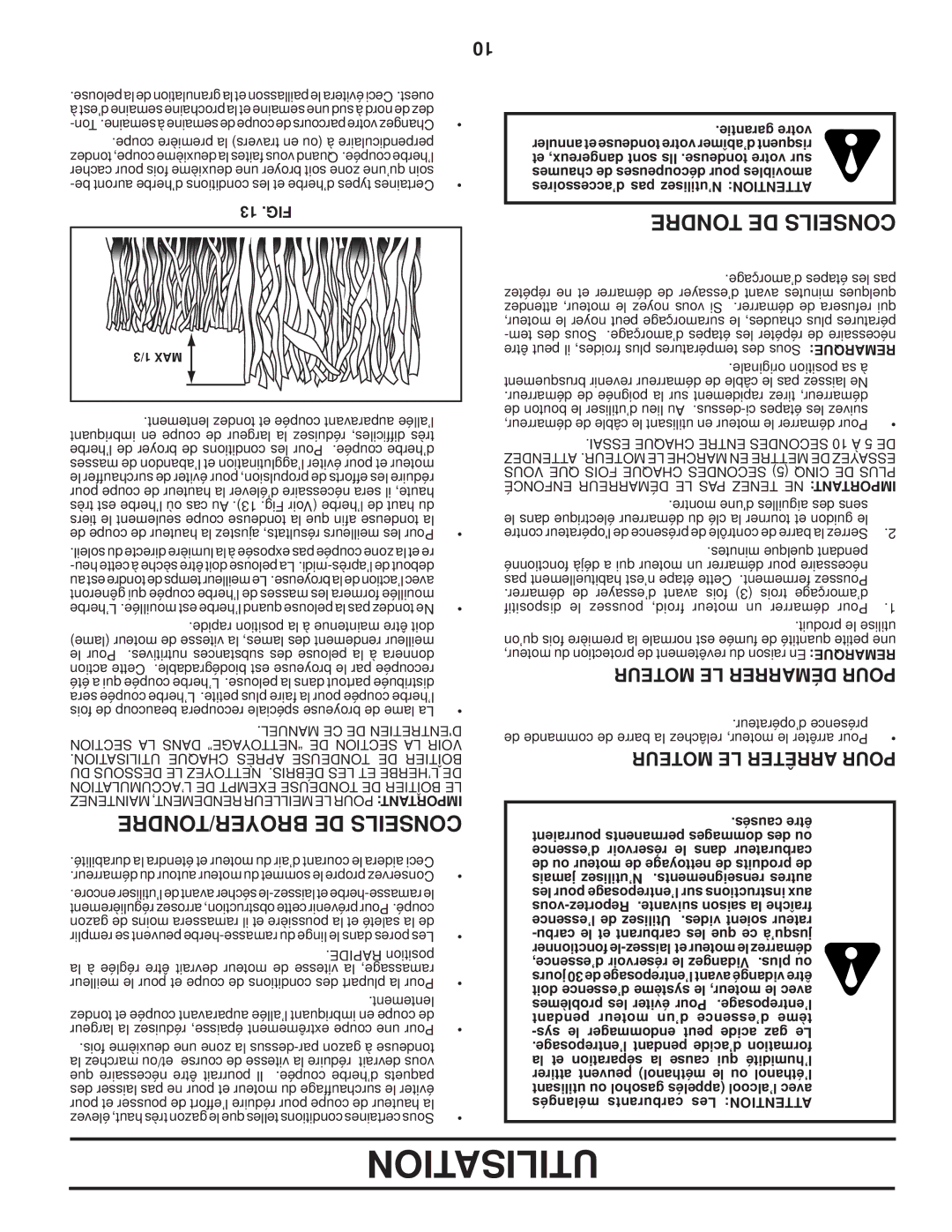 Husqvarna 87521HVE BROYER/TONDRE DE Conseils, Tondre DE Conseils, Moteur LE Démarrer Pour, Moteur LE Arrêter Pour, 13 .FIG 