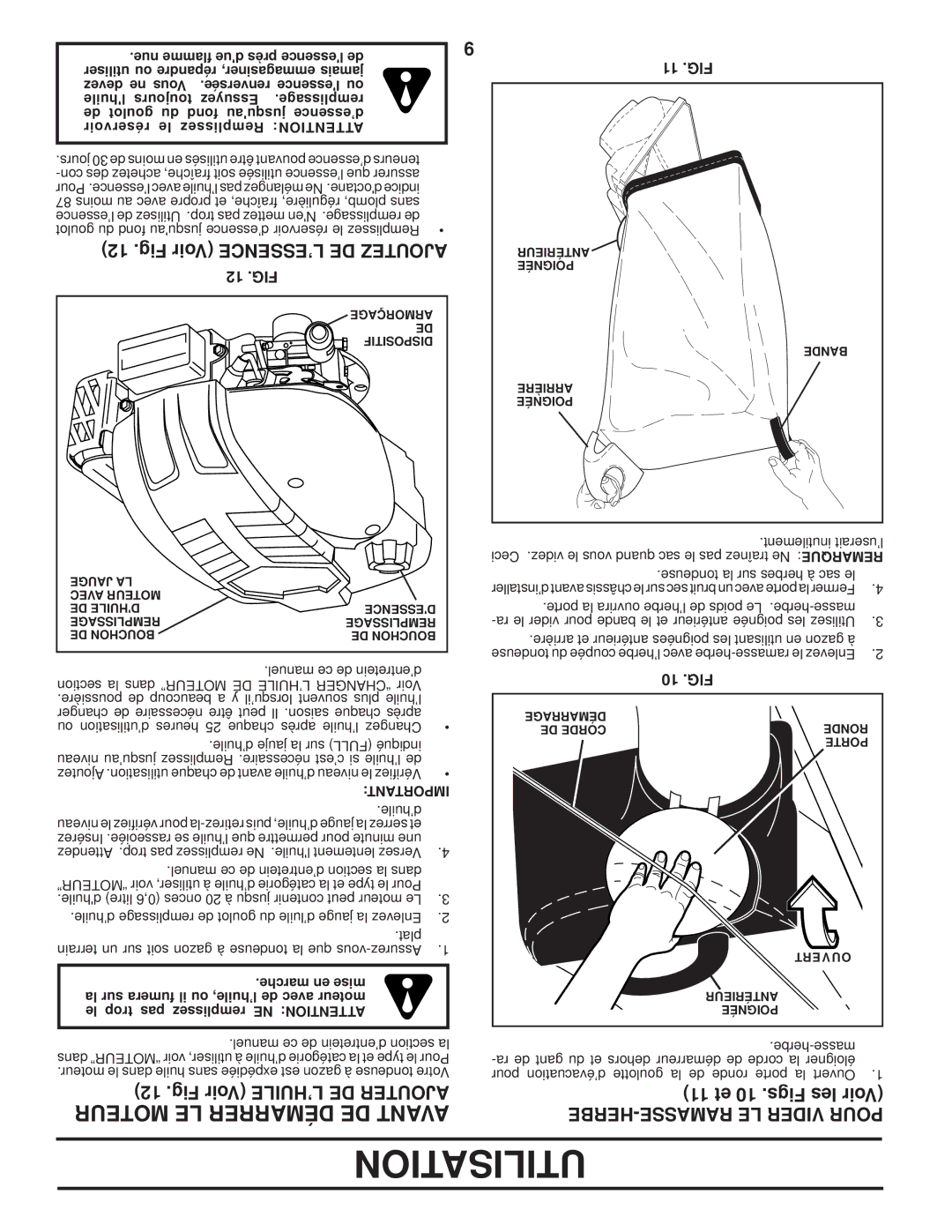 Husqvarna 87521HVE owner manual Moteur LE Démarrer DE Avant, Fig Voir L’ESSENCE DE Ajoutez, Fig Voir L’HUILE DE Ajouter 