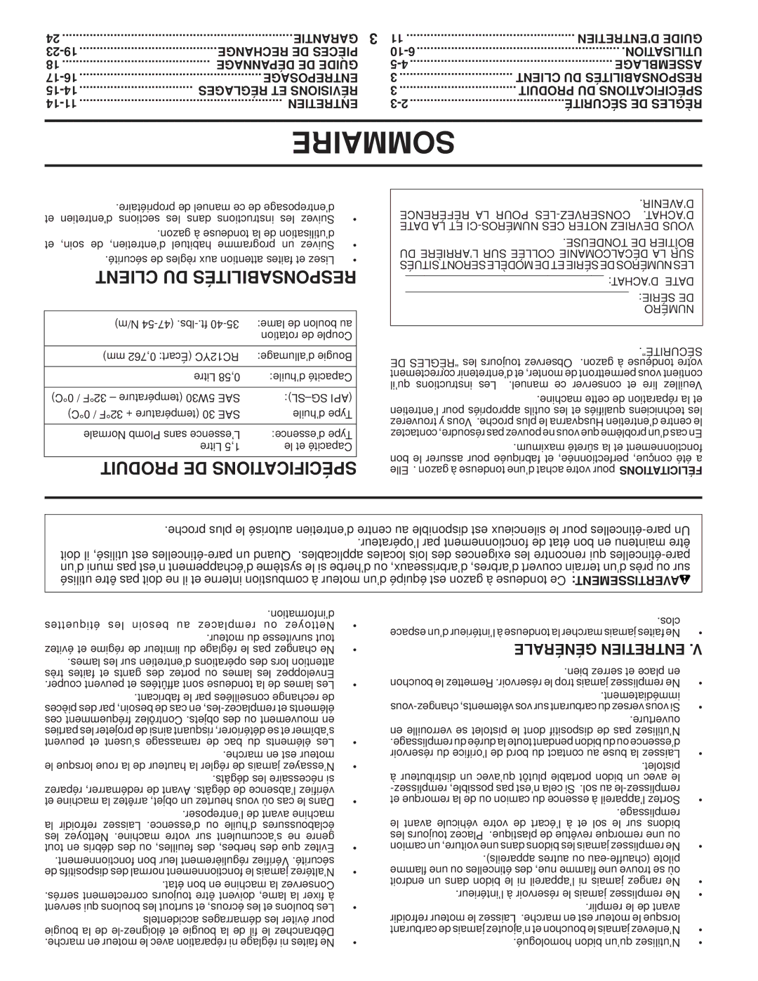 Husqvarna 87521HVE owner manual Client DU Responsabilités, Produit DE Spécifications, Générale Entretien 