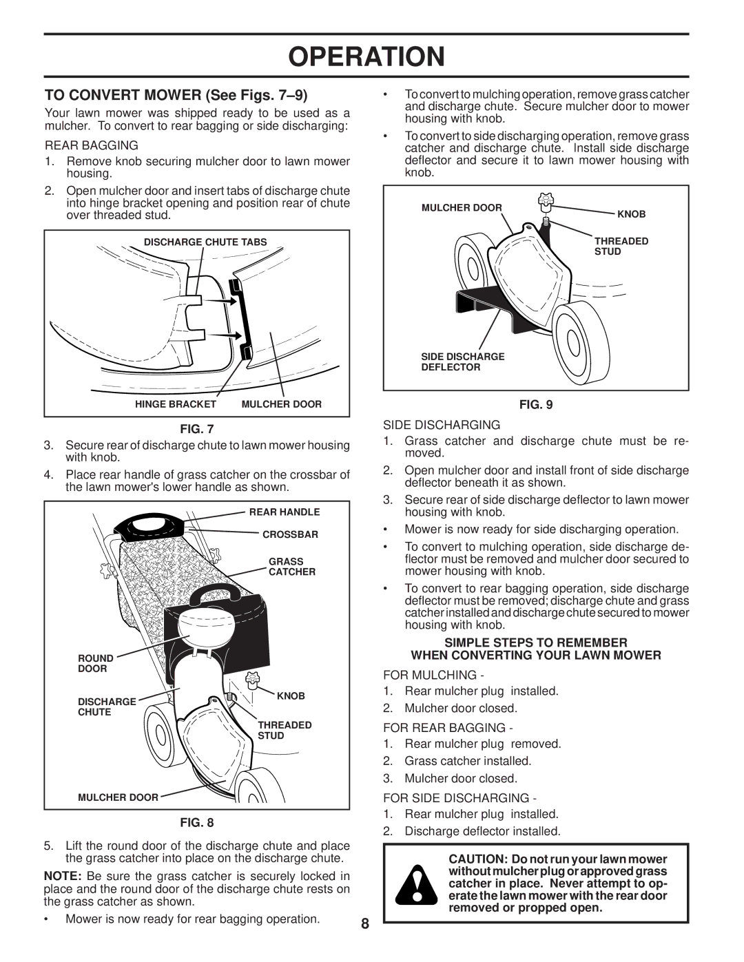 Husqvarna 87521HVE owner manual To Convert Mower See Figs, Simple Steps to Remember, When Converting Your Lawn Mower 