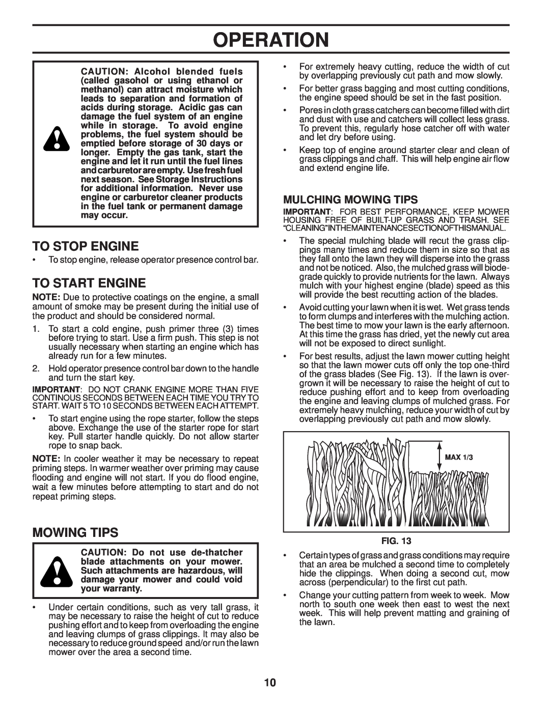 Husqvarna 87521HVE owner manual To Stop Engine, To Start Engine, Mulching Mowing Tips, Operation 