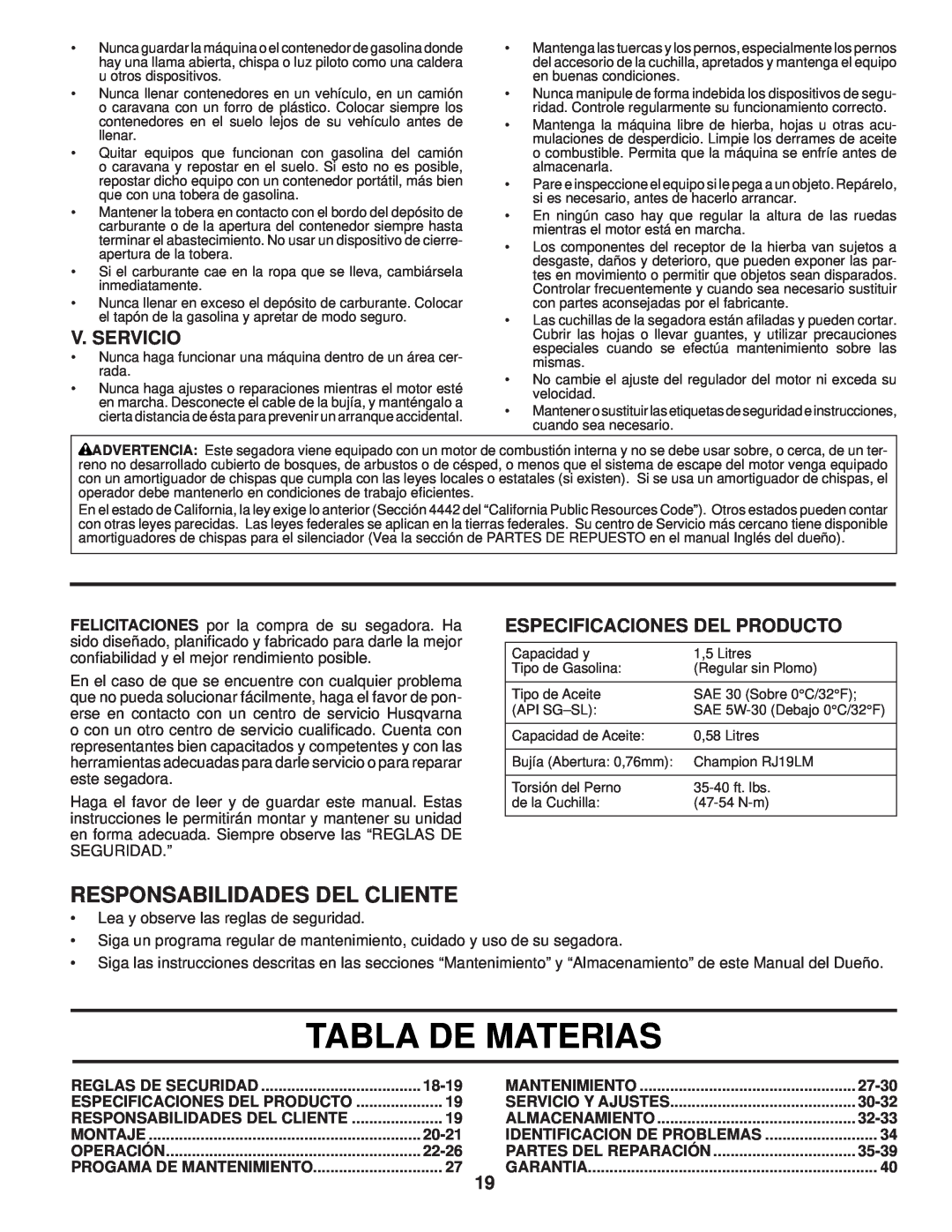 Husqvarna 87521HVE Tabla De Materias, Responsabilidades Del Cliente, V. Servicio, Especificaciones Del Producto, 18-19 
