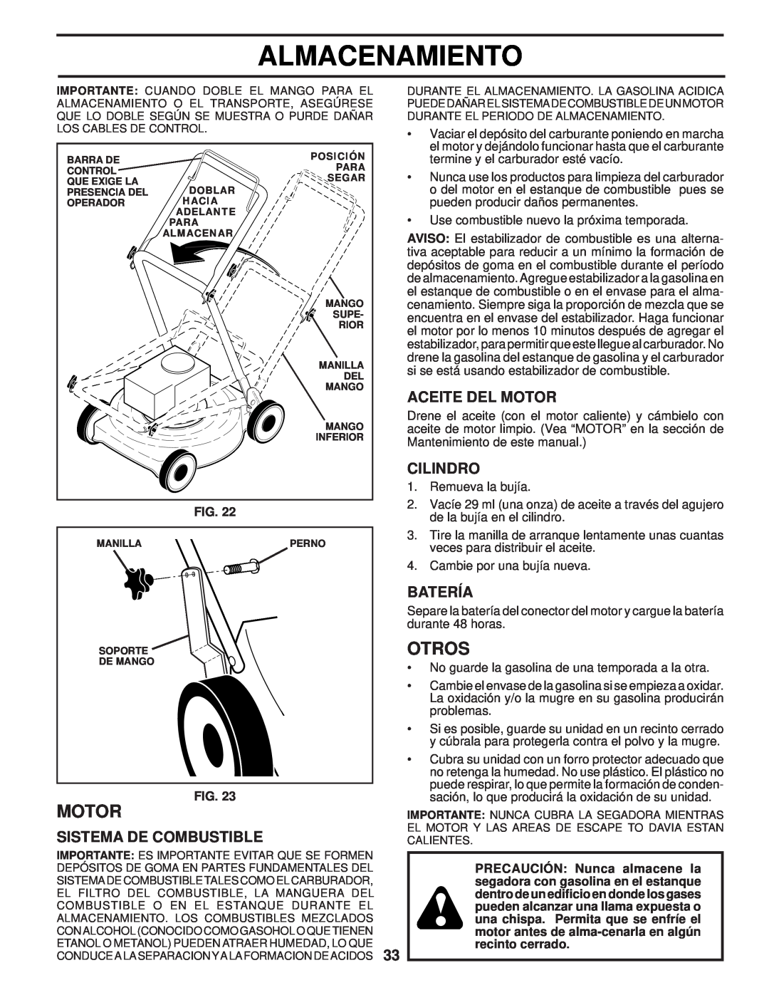 Husqvarna 87521HVE owner manual Otros, Sistema De Combustible, Aceite Del Motor, Cilindro, Batería, Almacenamiento 