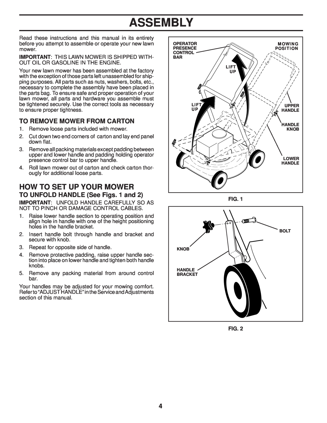 Husqvarna 87521HVE Assembly, How To Set Up Your Mower, To Remove Mower From Carton, TO UNFOLD HANDLE See Figs. 1 and 