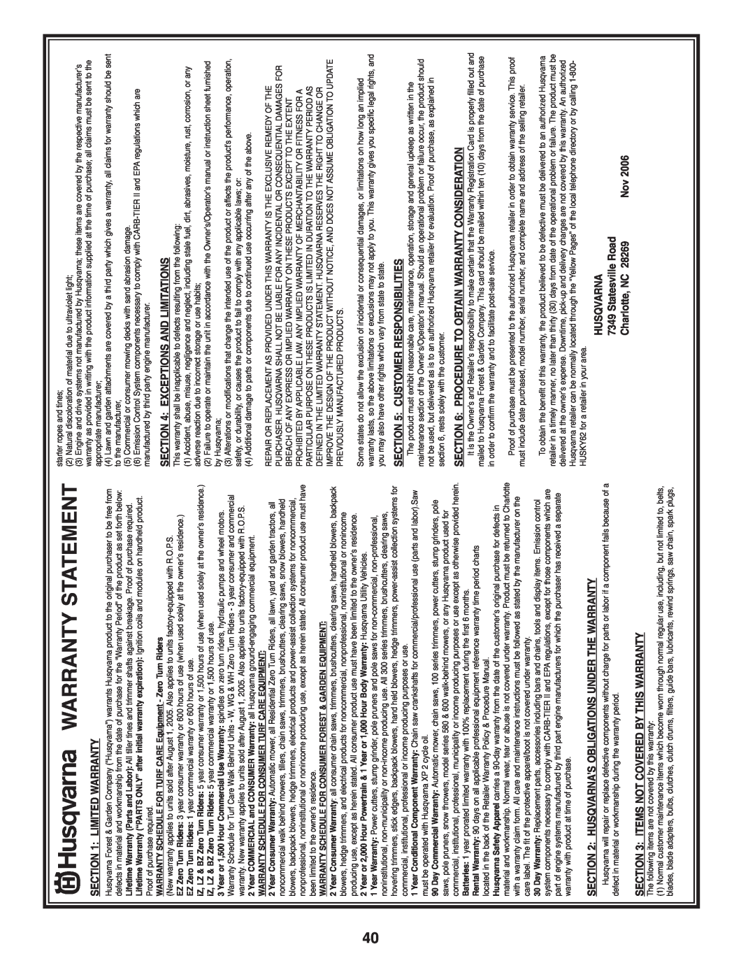 Husqvarna 87521HVE Warranty Statement, Charlotte, NC, WARRANTY SCHEDULE FOR TURF CARE Equipment - Zero Turn Riders 