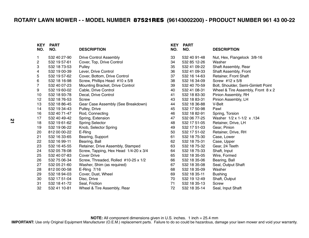 Husqvarna 87521RES owner manual KEY Part Description 