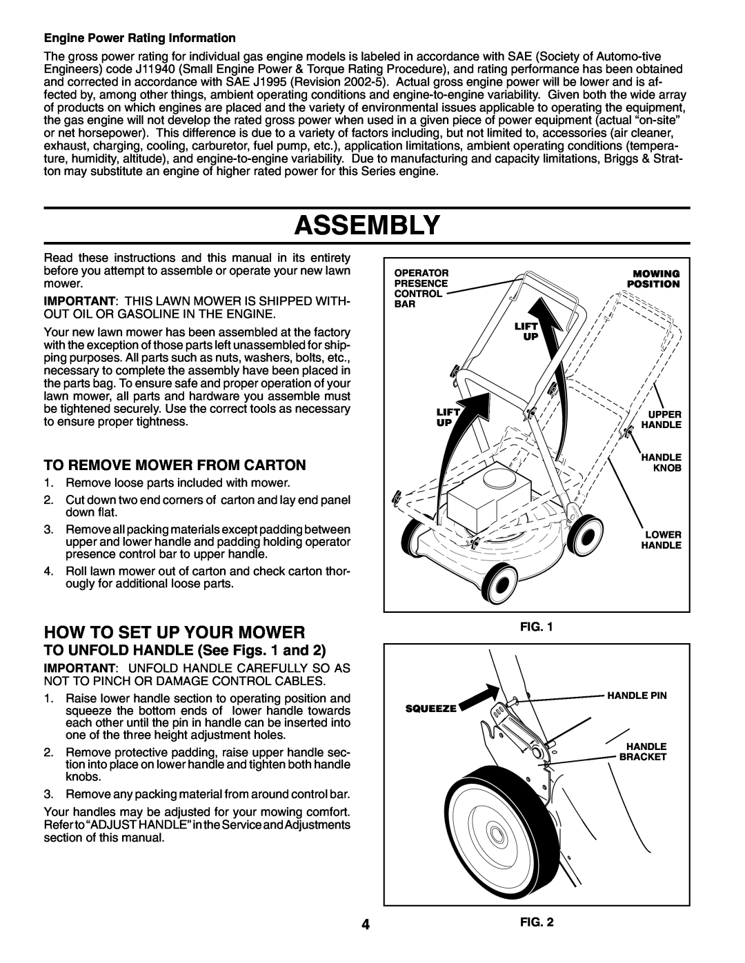 Husqvarna 87521RES Assembly, How To Set Up Your Mower, To Remove Mower From Carton, TO UNFOLD HANDLE See Figs. 1 and 
