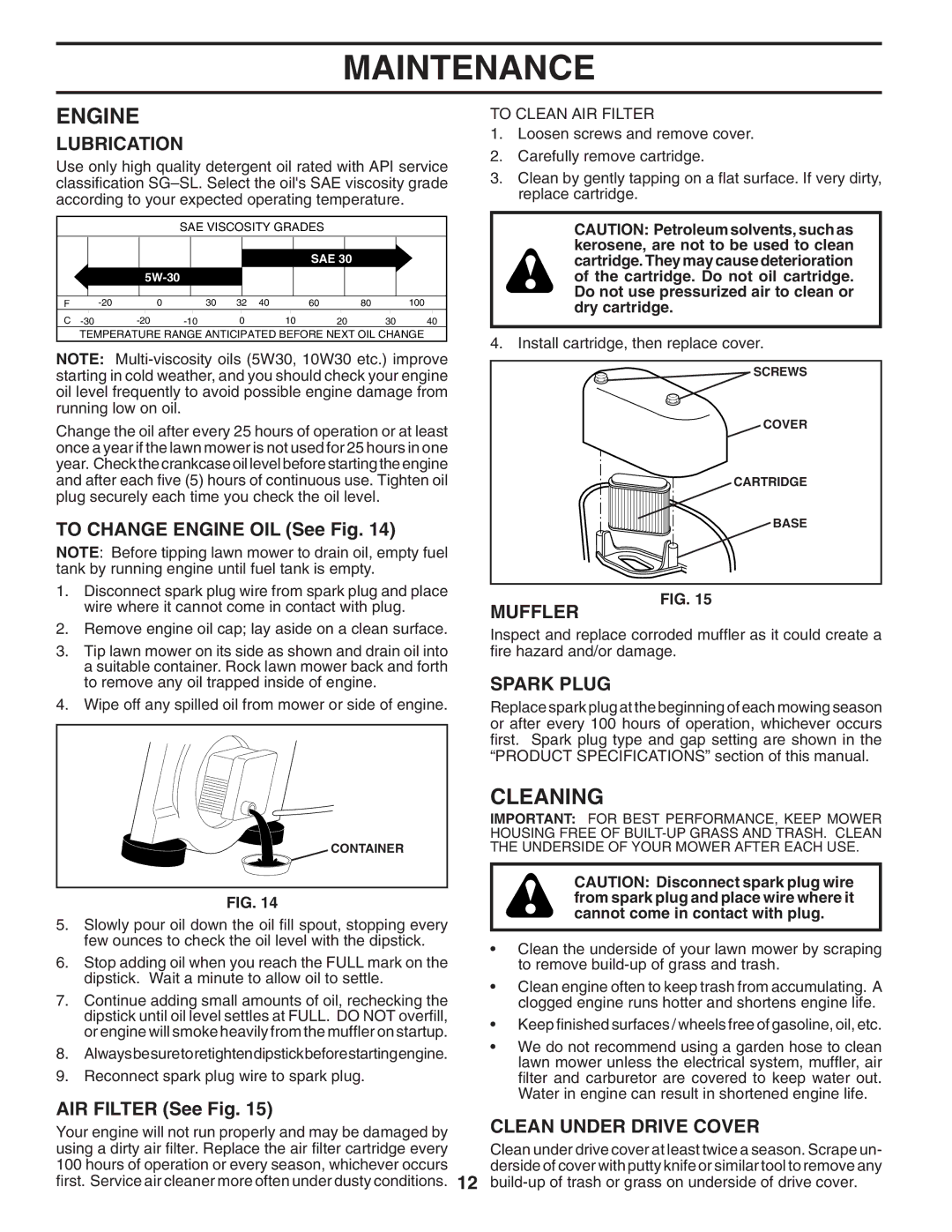 Husqvarna 87521RSX owner manual Engine, Cleaning, Muffler, Spark Plug, Clean Under Drive Cover 