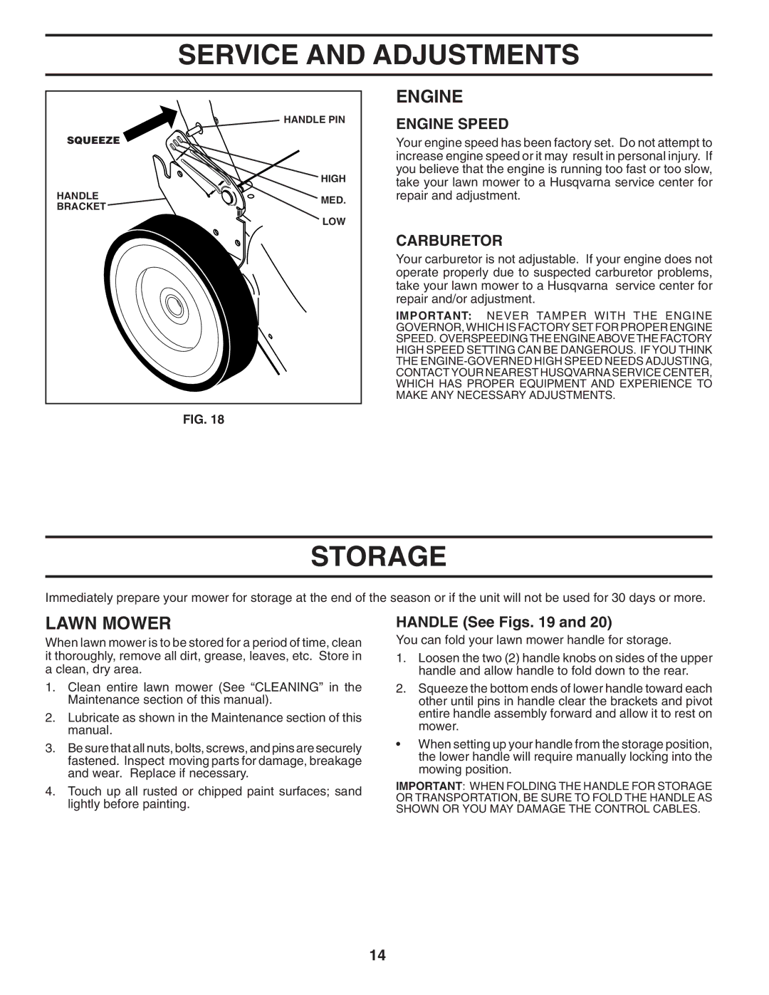 Husqvarna 87521RSX owner manual Storage, Carburetor, Handle See Figs 