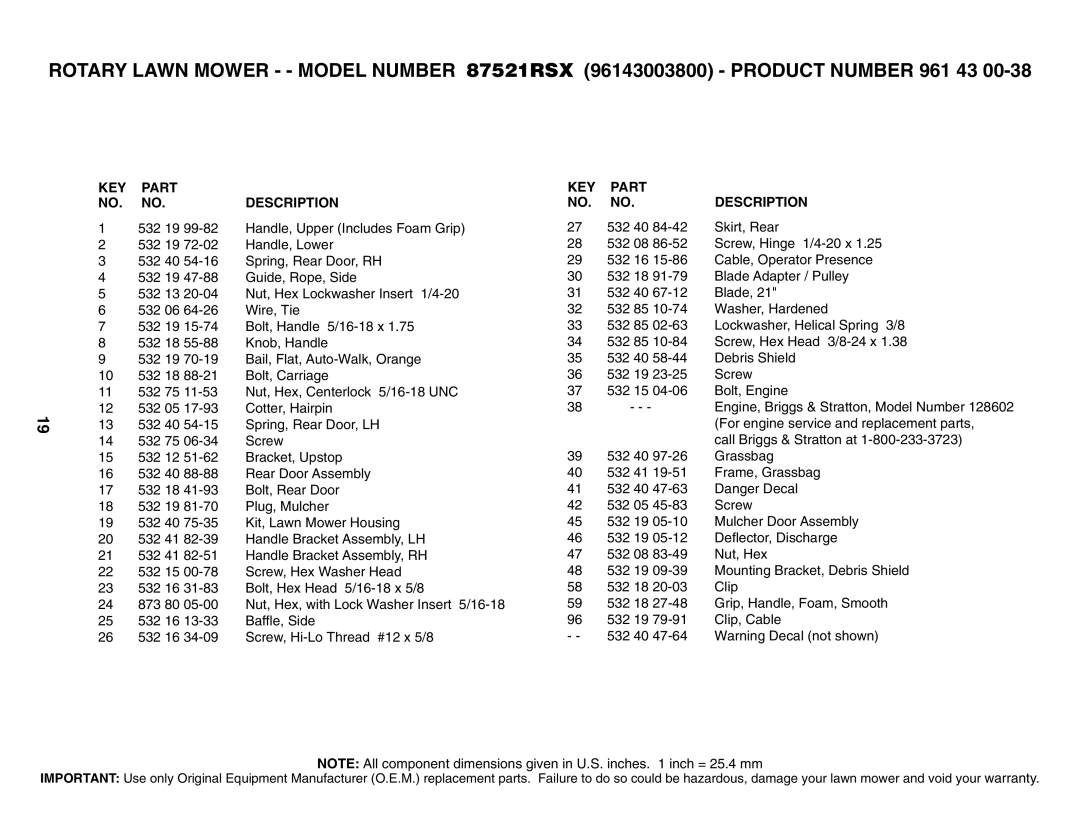 Husqvarna 87521RSX owner manual KEY Part Description 