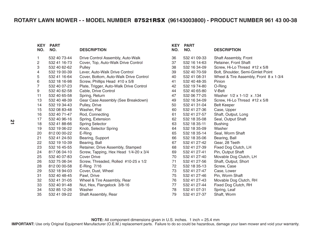 Husqvarna 87521RSX owner manual KEY Part Description 