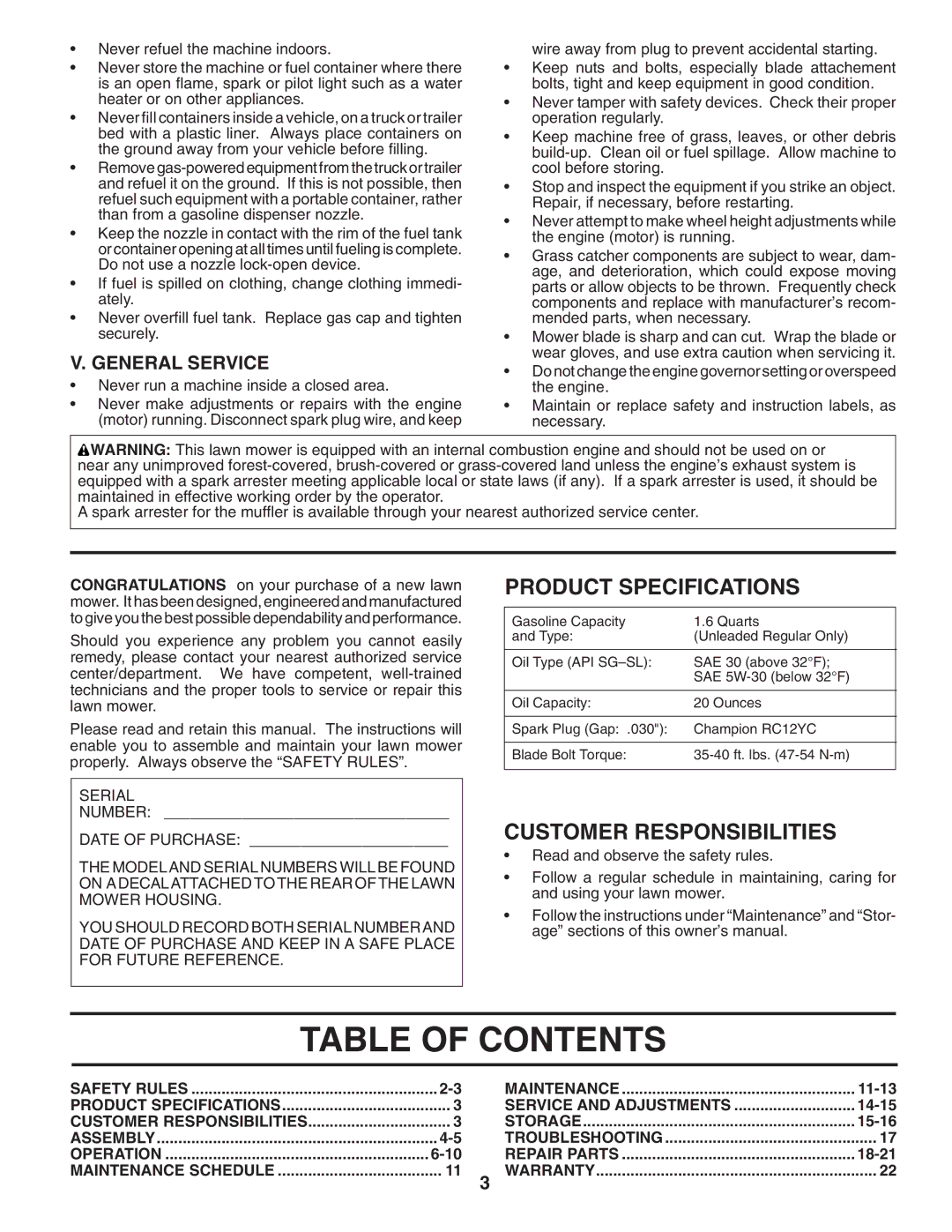 Husqvarna 87521RSX owner manual Table of Contents 