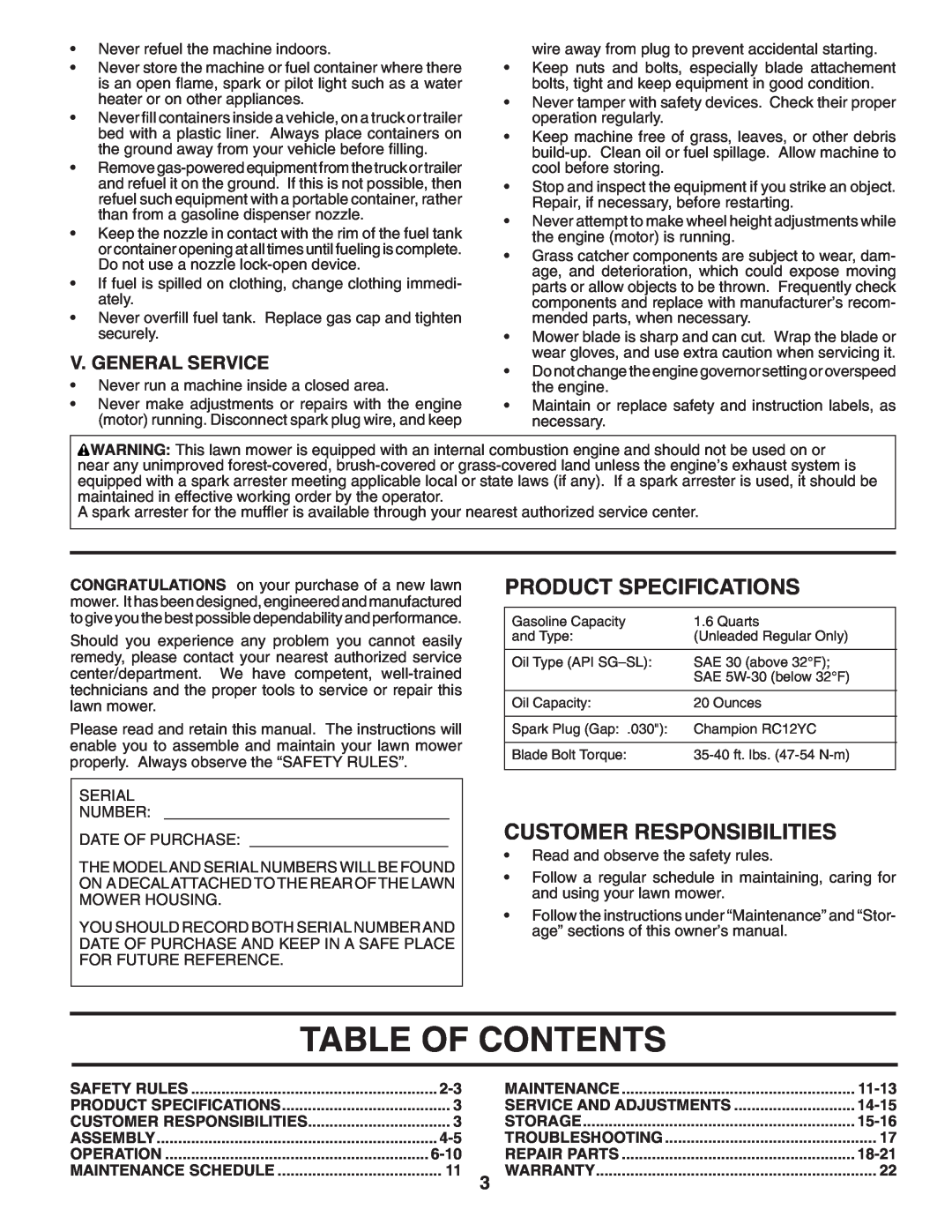 Husqvarna 87521RSX owner manual Table Of Contents, Product Specifications, Customer Responsibilities, V. General Service 