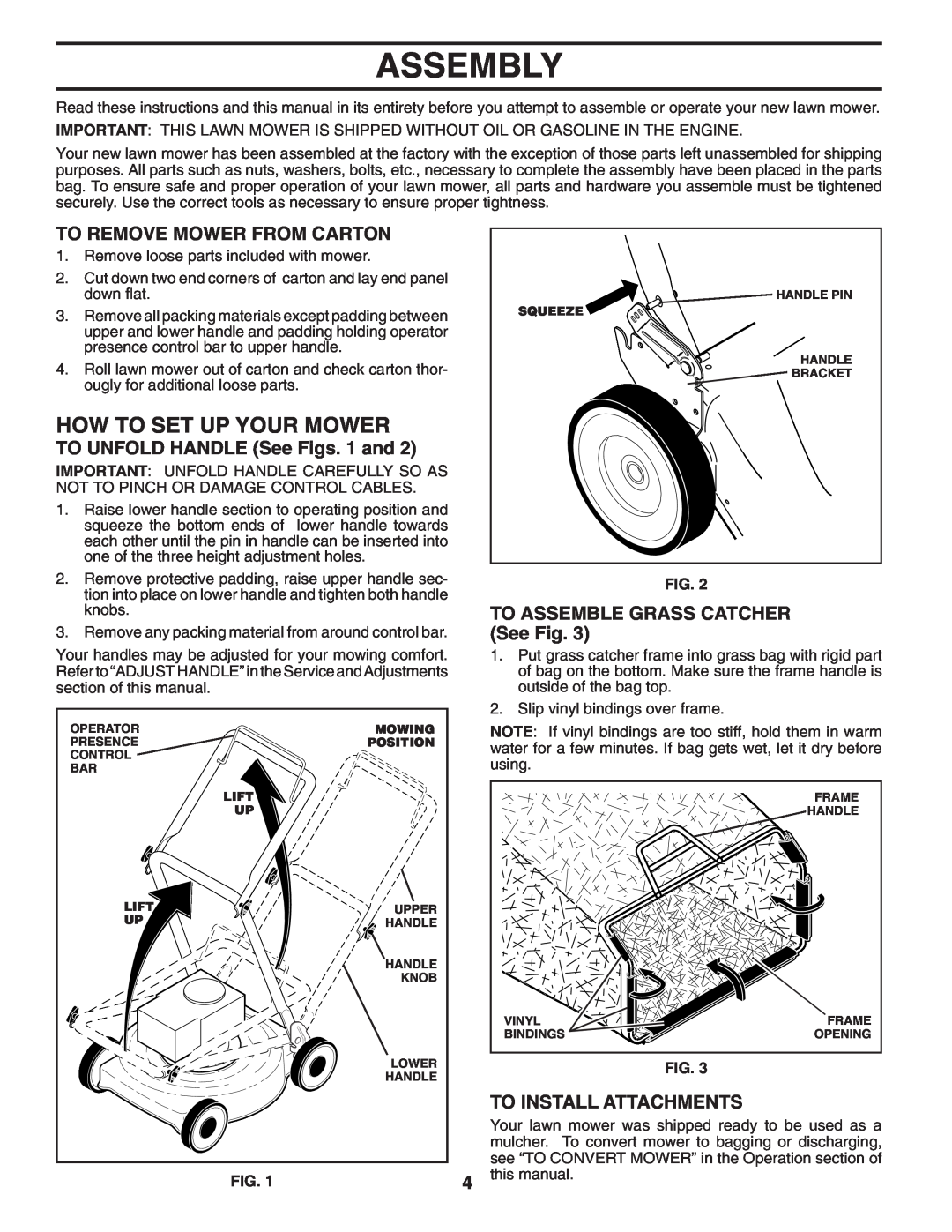 Husqvarna 87521RSX Assembly, How To Set Up Your Mower, To Remove Mower From Carton, TO UNFOLD HANDLE See Figs. 1 and 