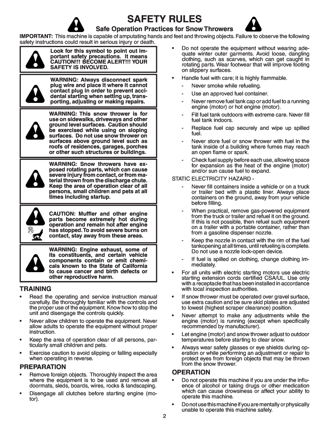 Husqvarna 9027ST owner manual Safety Rules, Safe Operation Practices for Snow Throwers, Training, Preparation 