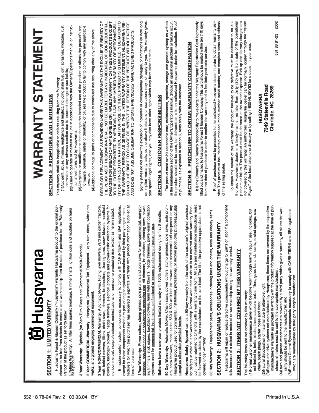 Husqvarna 9027ST Rantywar Tementsta, 532 18 78-24 Rev. 2 03.03.04 BY, Printed in U.S.A, 2002 23-81, Anr Aqv Suh 