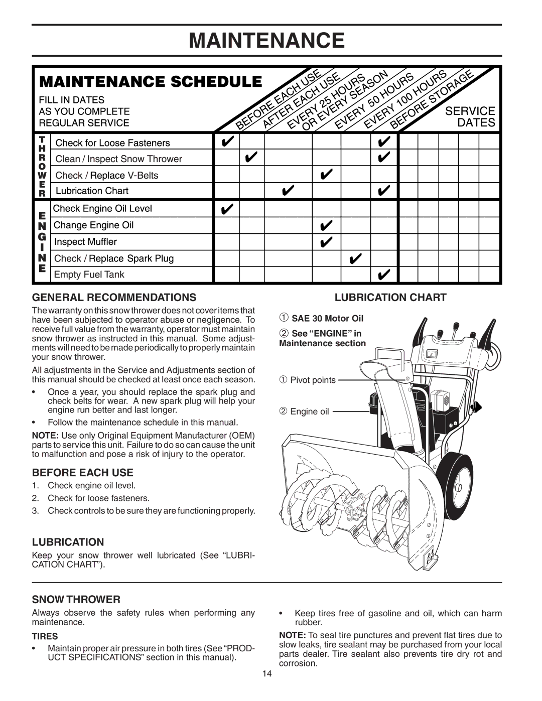 Husqvarna 9027ST owner manual Maintenance, General Recommendations, Before Each USE, Lubrication, Snow Thrower 