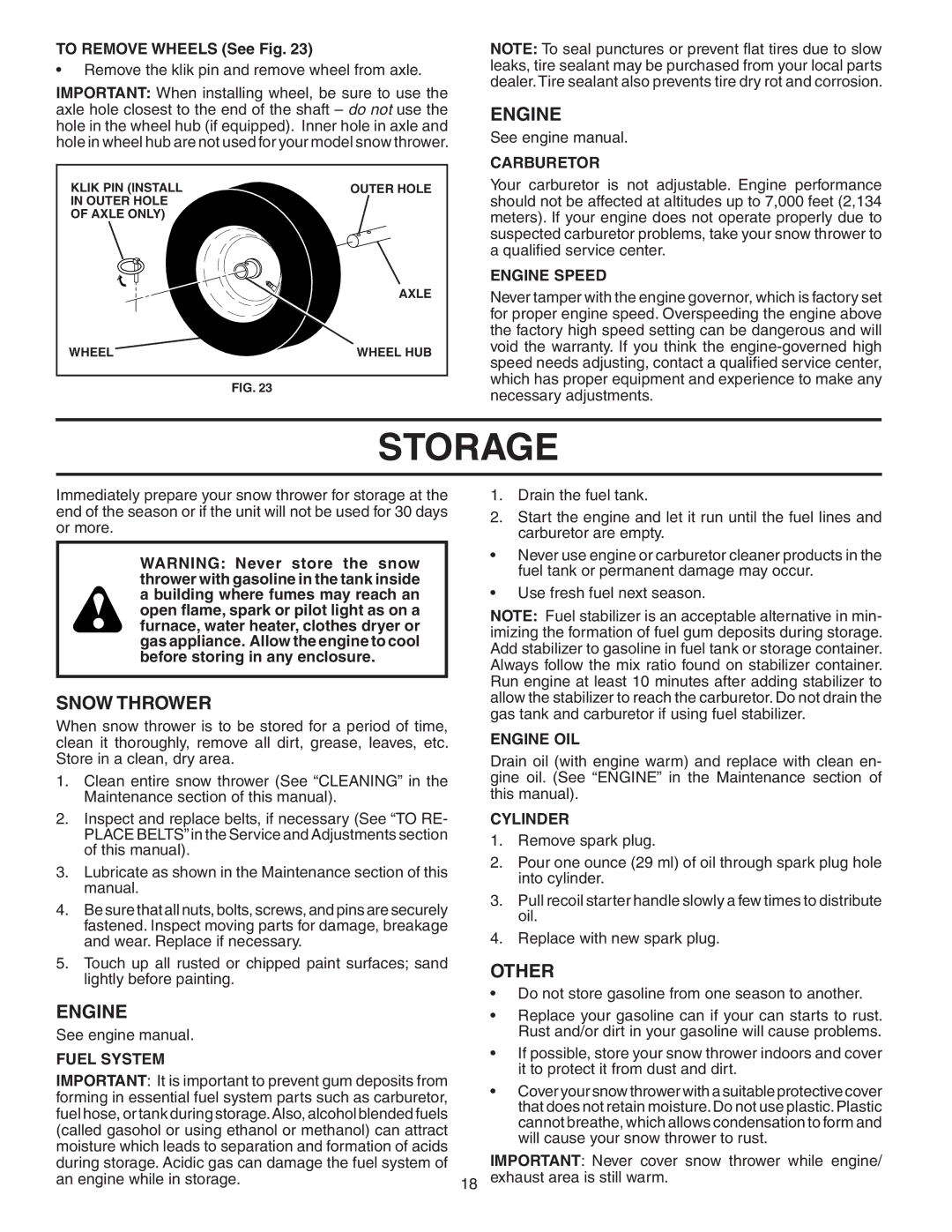 Husqvarna 9027ST owner manual Storage, Other 