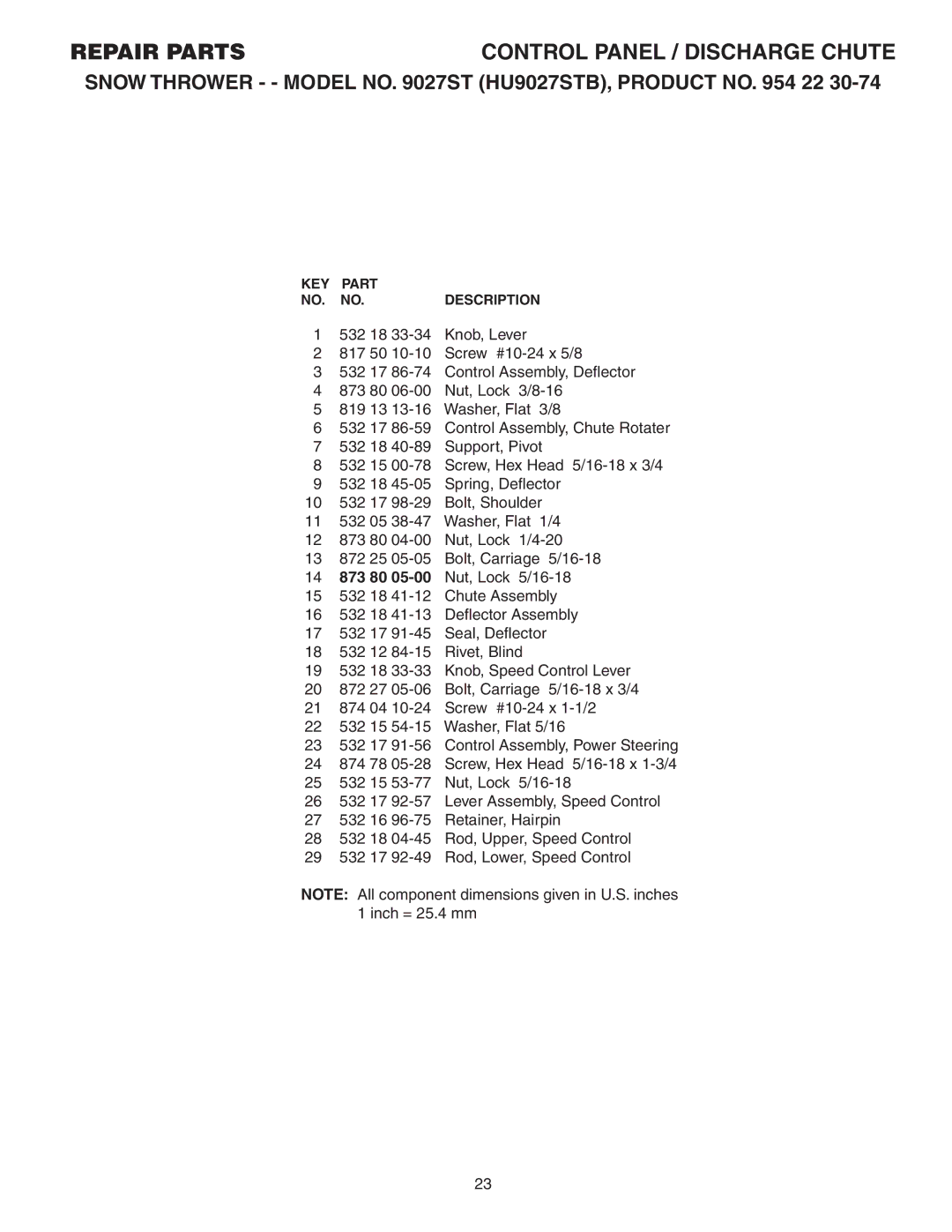 Husqvarna 9027ST owner manual Repair Parts 