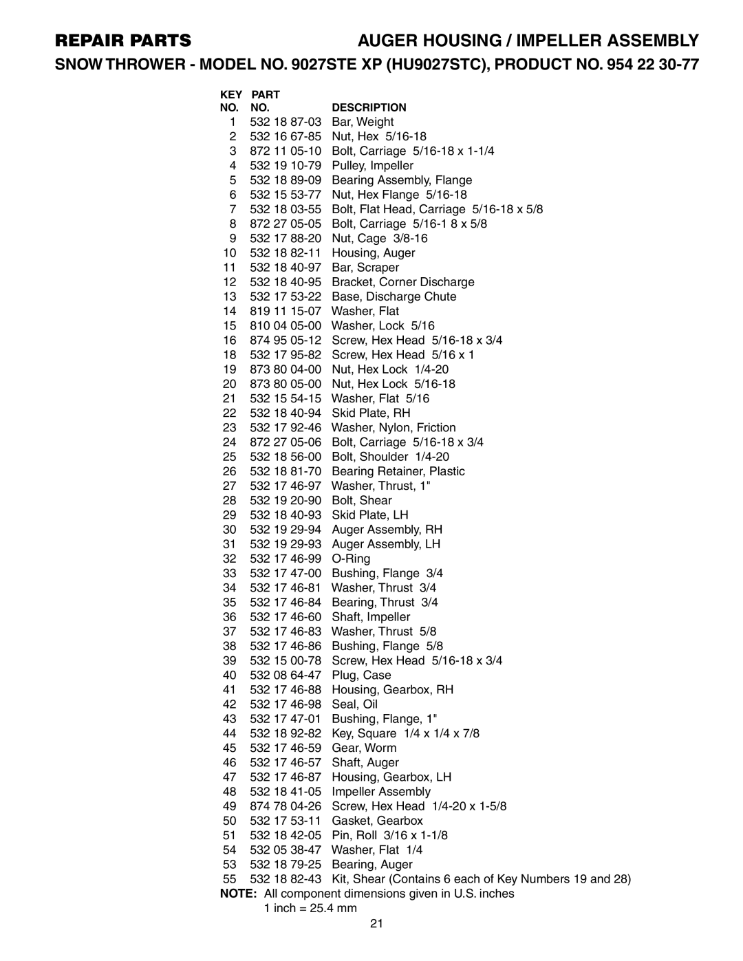 Husqvarna 9027STE owner manual KEY Part Description 