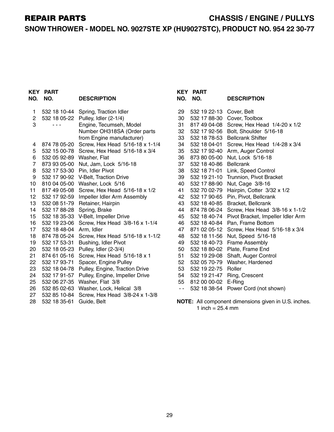 Husqvarna 9027STE owner manual KEY Part Description 