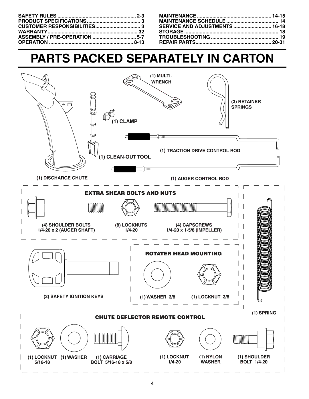 Husqvarna 9027STE owner manual Parts Packed Separately in Carton, 14-15, Service and Adjustments, 16-18, 20-31 