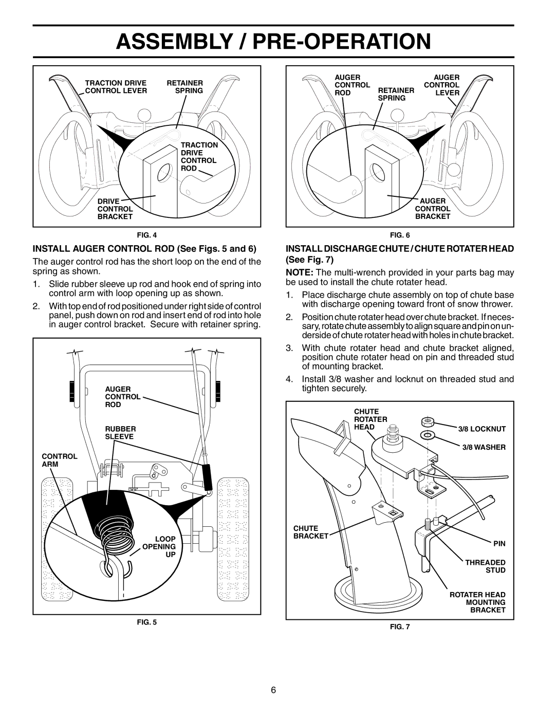 Husqvarna 9027STE owner manual Install Auger Control ROD See Figs, Install Discharge Chute / Chute Rotater Head See Fig 