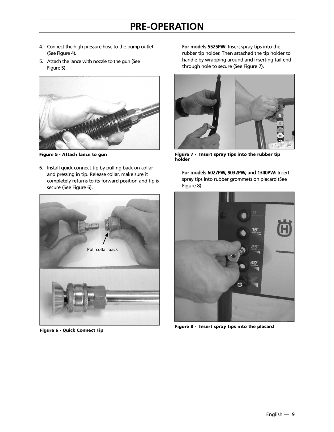 Husqvarna manual For models 6027PW, 9032PW, and 1340PW Insert, Attach lance to gun 