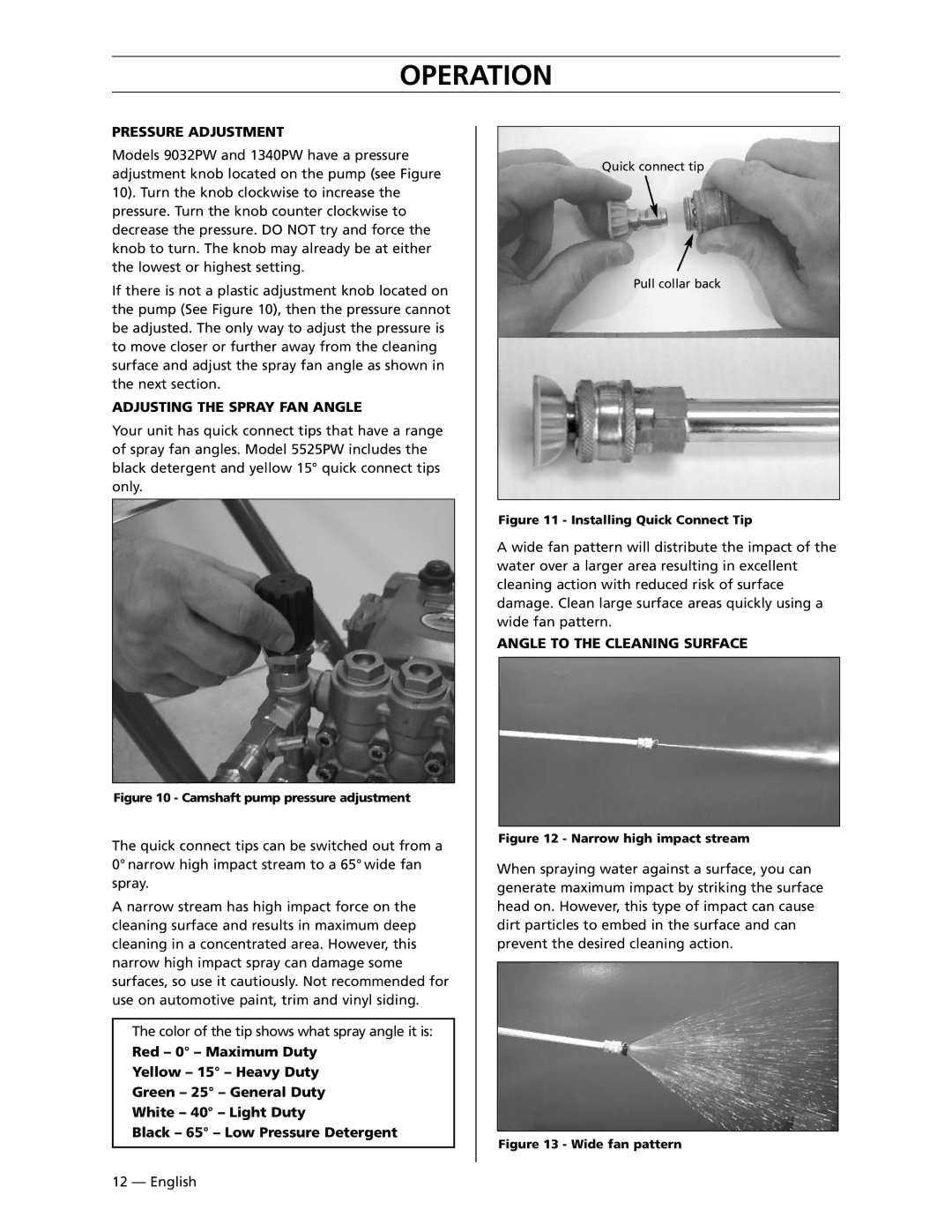 Husqvarna 1340PW, 9032PW, 6027PW manual Pressure Adjustment, Adjusting the Spray FAN Angle, Angle to the Cleaning Surface 