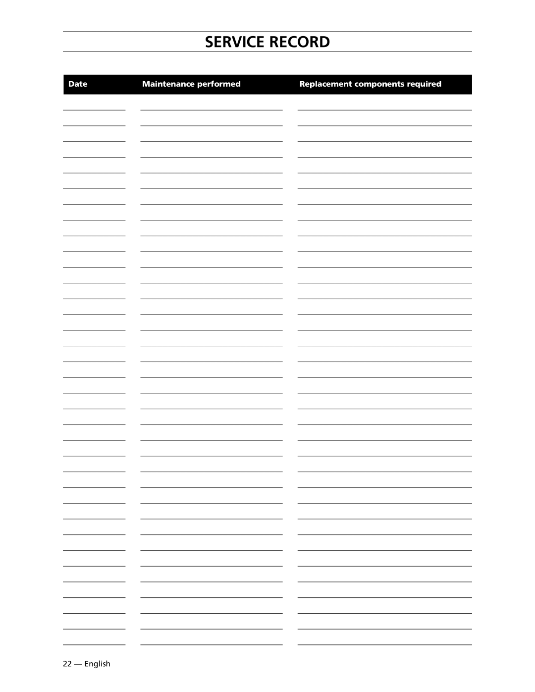 Husqvarna 6027PW, 9032PW, 1340PW manual Service Record 