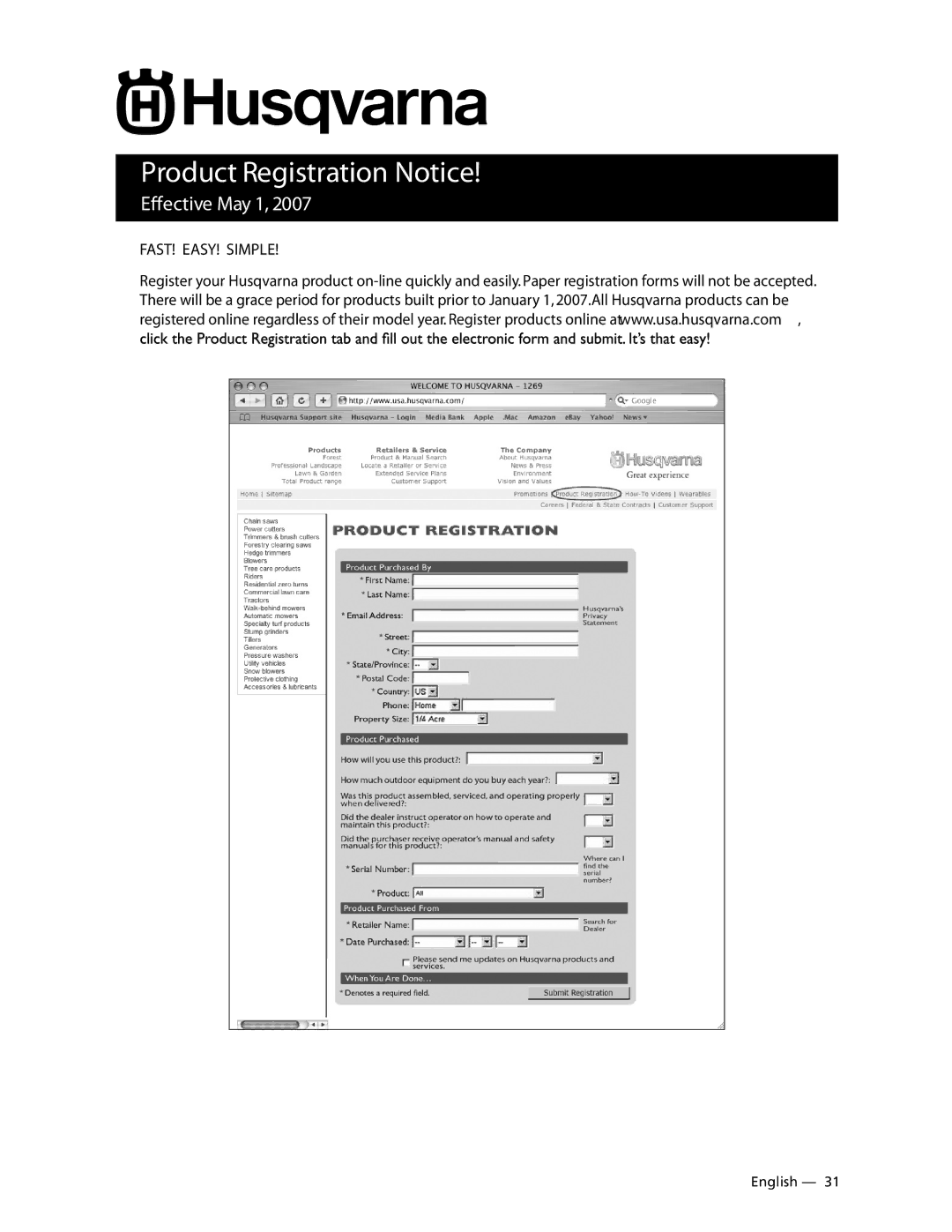 Husqvarna 6027PW, 9032PW, 1340PW manual Product Registration Notice 