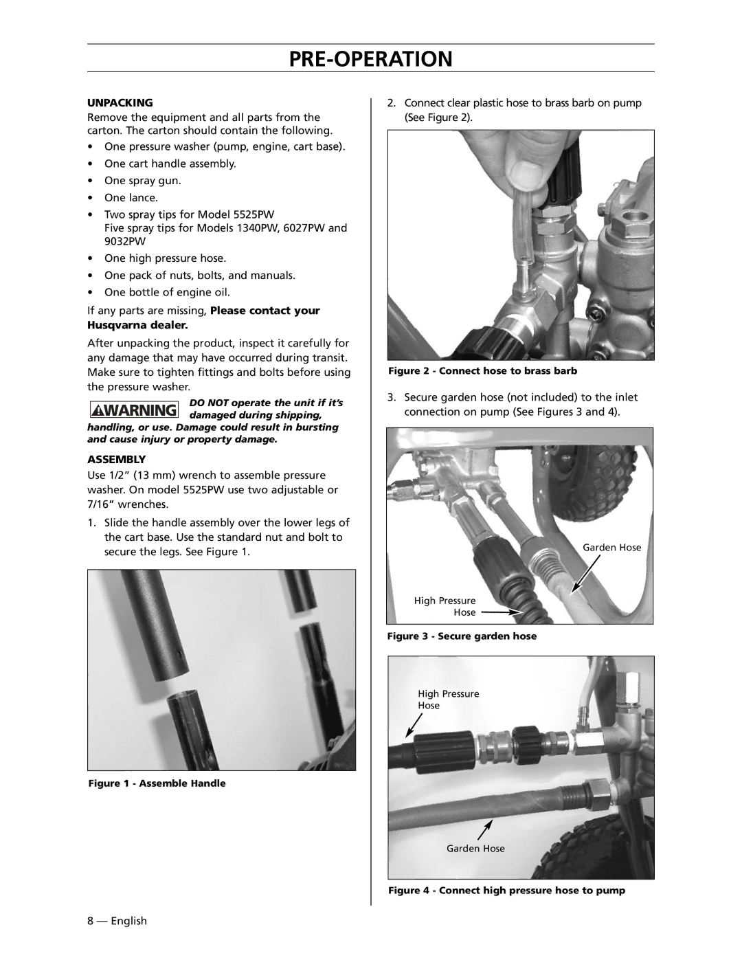 Husqvarna 9032PW, 1340PW, 6027PW manual Pre-Operation, Unpacking, Husqvarna dealer, Assembly 