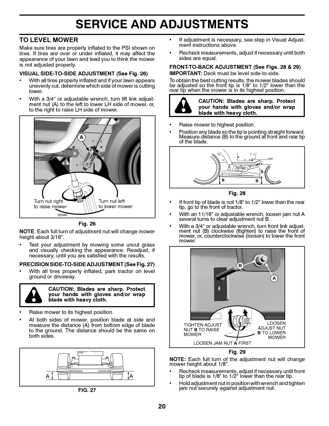 Husqvarna 917.24046 owner manual To Level Mower, Visual SIDE-TO-SIDE Adjustment See Fig 