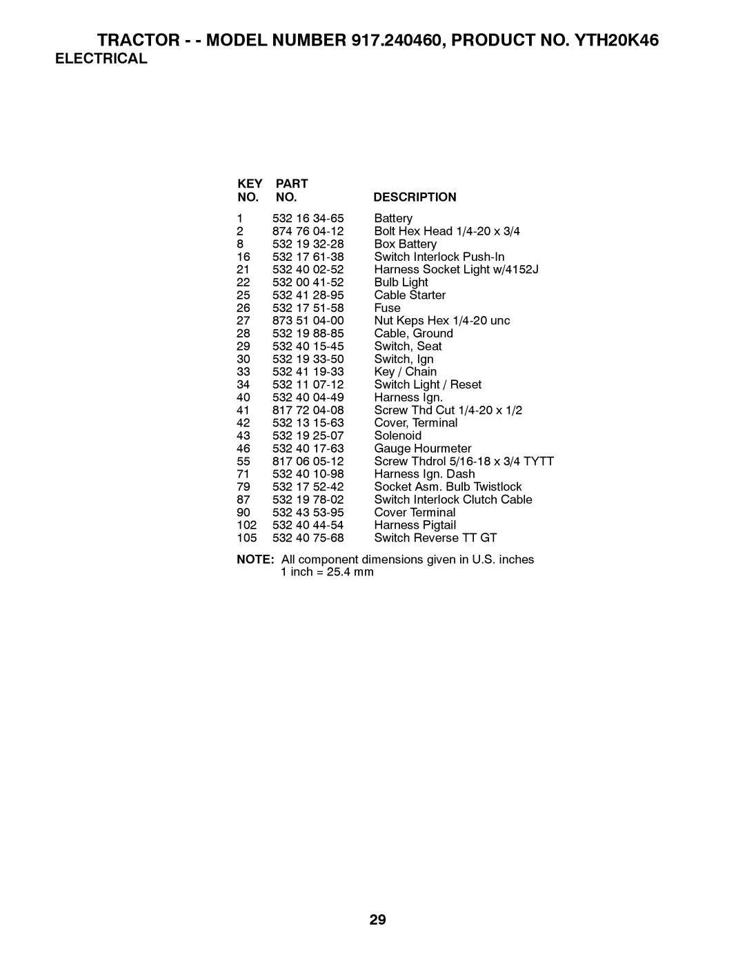 Husqvarna 917.24046 owner manual Electrical, KEY Part Description 