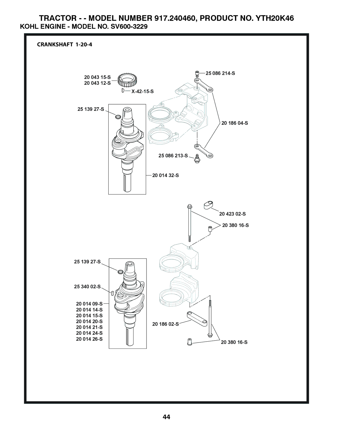 Husqvarna 917.24046 owner manual Kohl Engine Model NO. SV600-3229, Crankshaft 