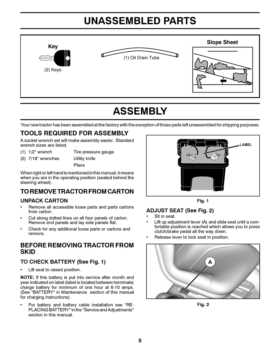 Husqvarna 917.24046 owner manual Unassembled Parts, Tools Required for Assembly, Toremovetractorfromcarton 