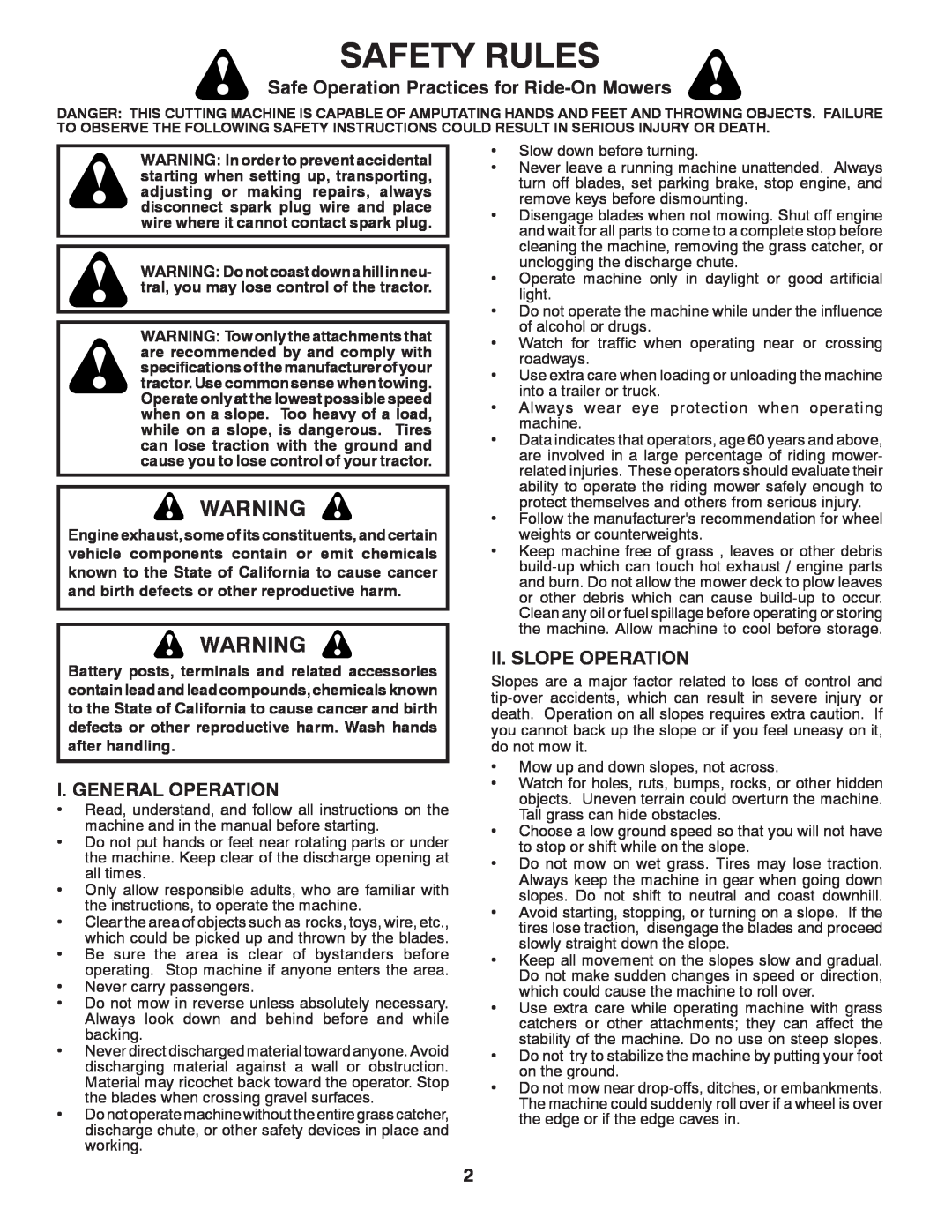 Husqvarna 917.24046 Safety Rules, Safe Operation Practices for Ride-On Mowers, I. General Operation, Ii. Slope Operation 
