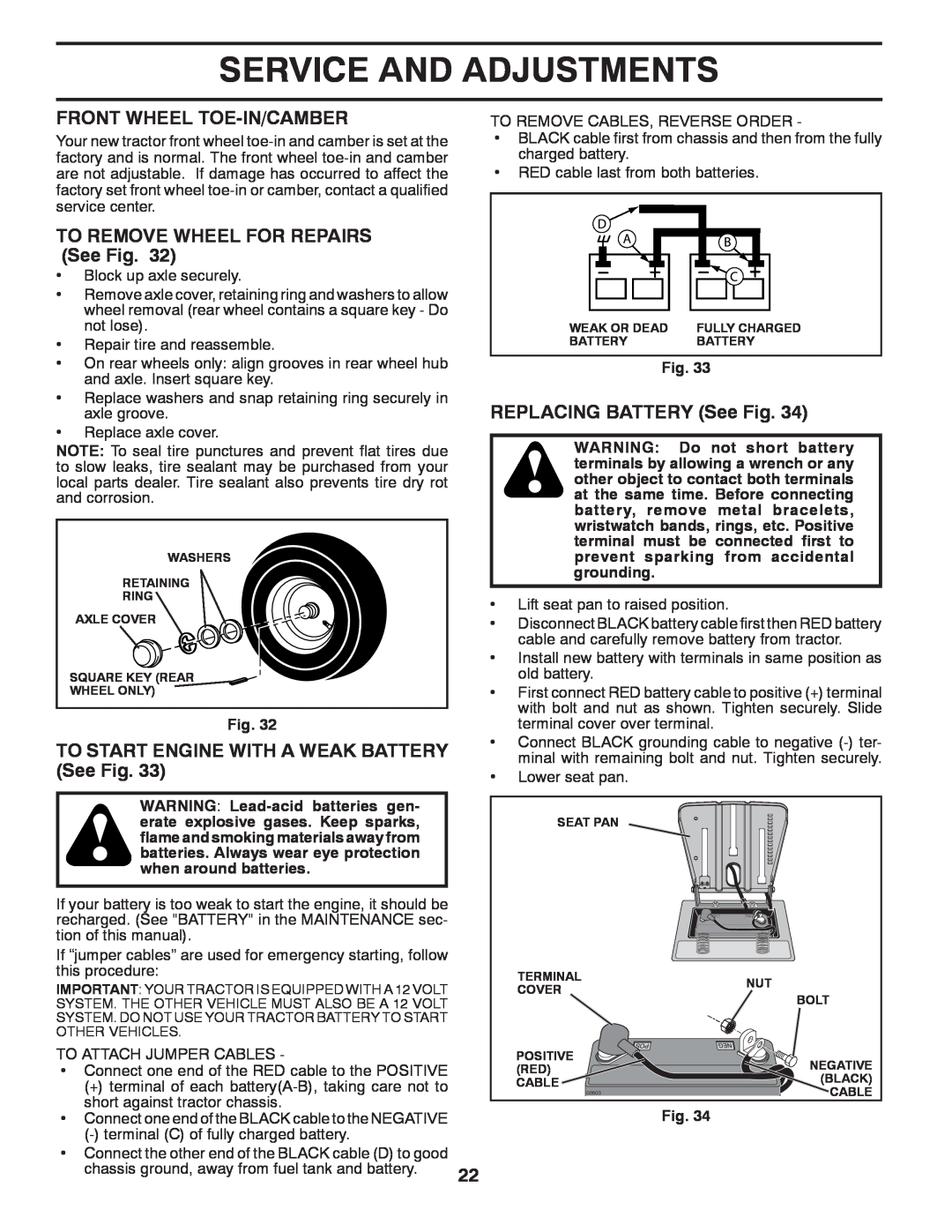Husqvarna 917.24046 owner manual Front Wheel Toe-In/Camber, TO REMOVE WHEEL FOR REPAIRS See Fig, REPLACING BATTERY See Fig 