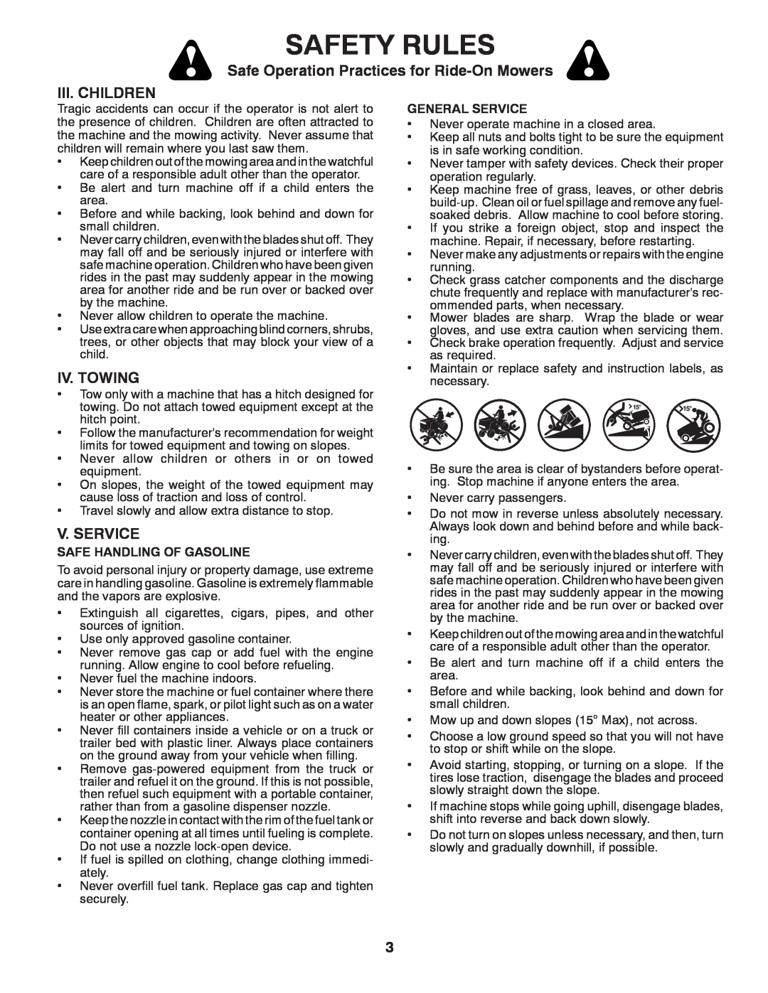 Husqvarna 917.24046 Iii. Children, Iv. Towing, V. Service, Safety Rules, Safe Operation Practices for Ride-On Mowers 