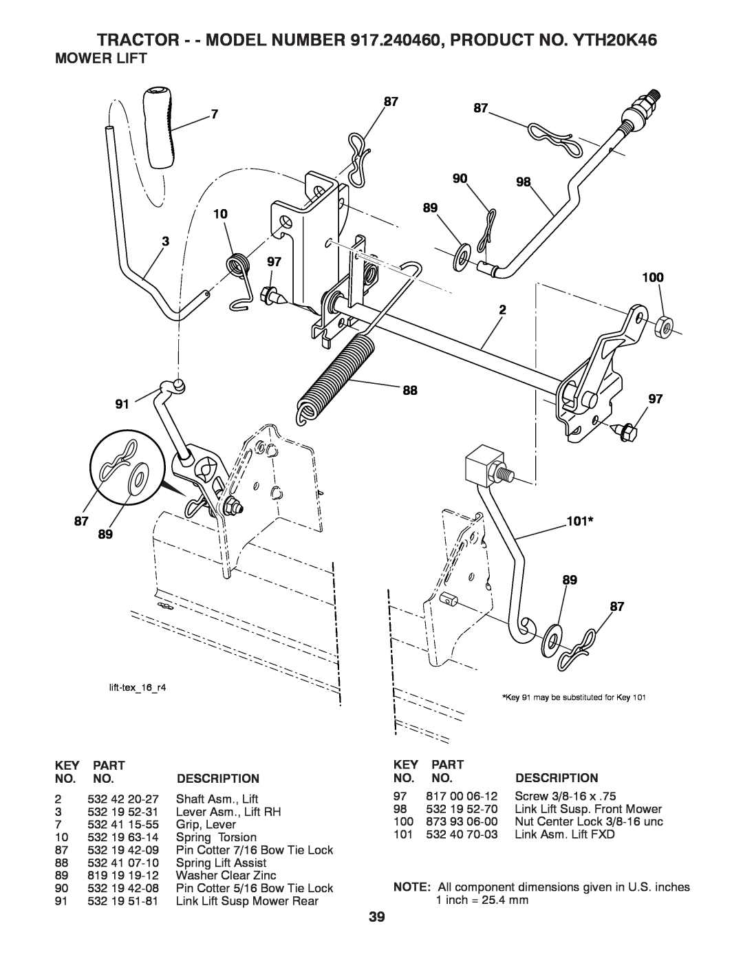 Husqvarna owner manual Mower Lift, TRACTOR - - MODEL NUMBER 917.240460, PRODUCT NO. YTH20K46, 8787, lift-tex16r4 